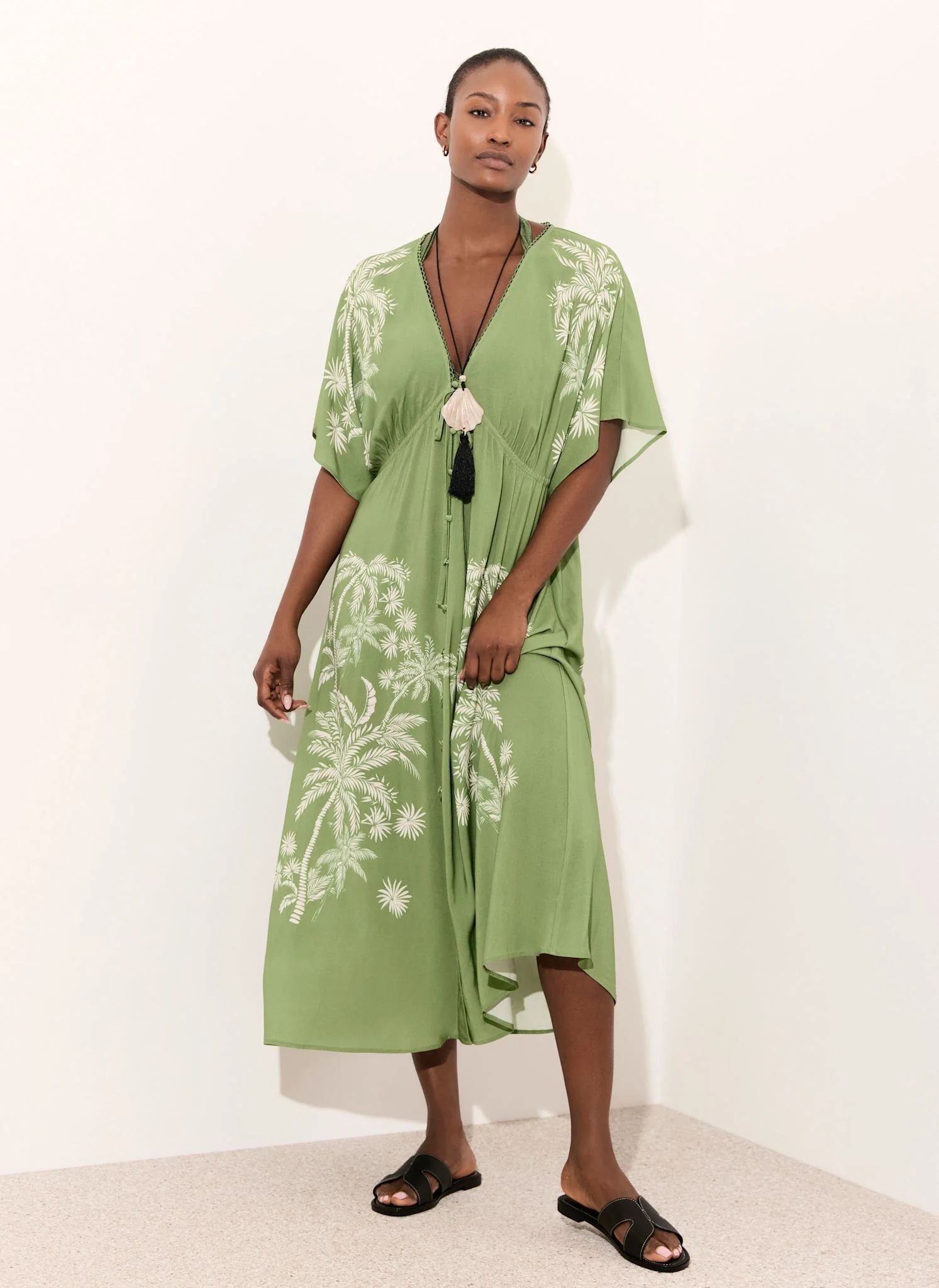 Green Palm Print Maxi Beach Dress