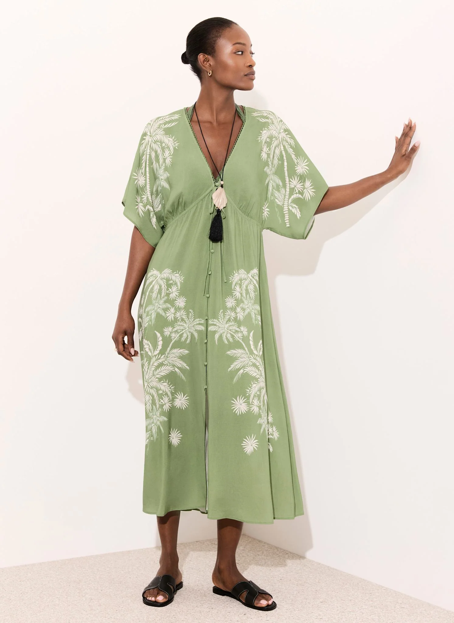 Green Palm Print Maxi Beach Dress