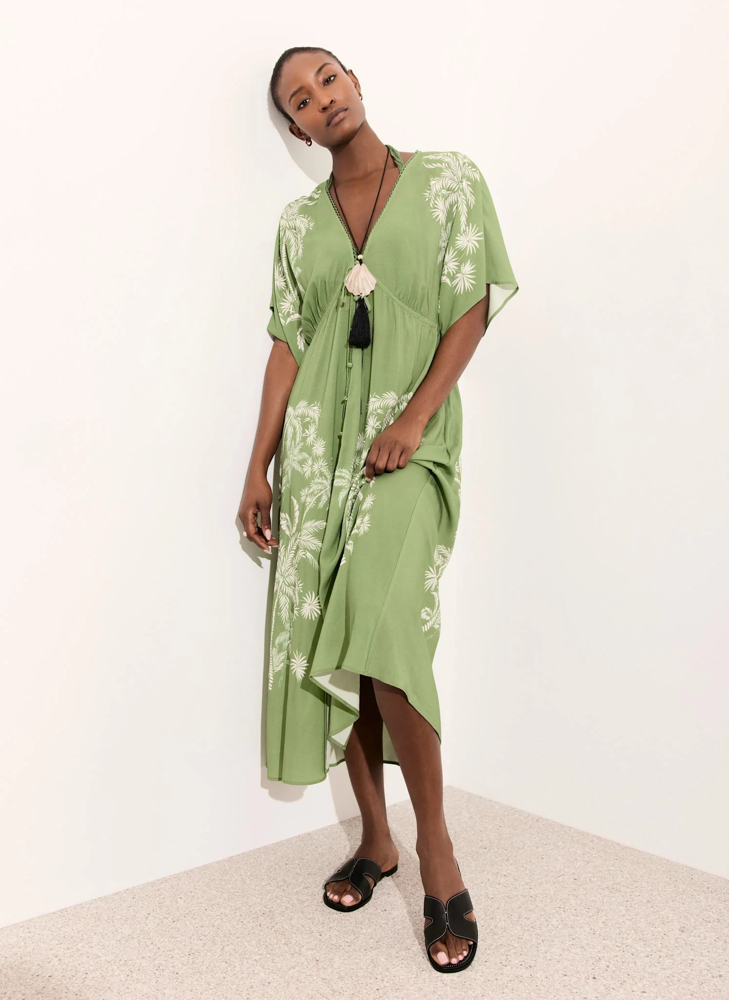 Green Palm Print Maxi Beach Dress