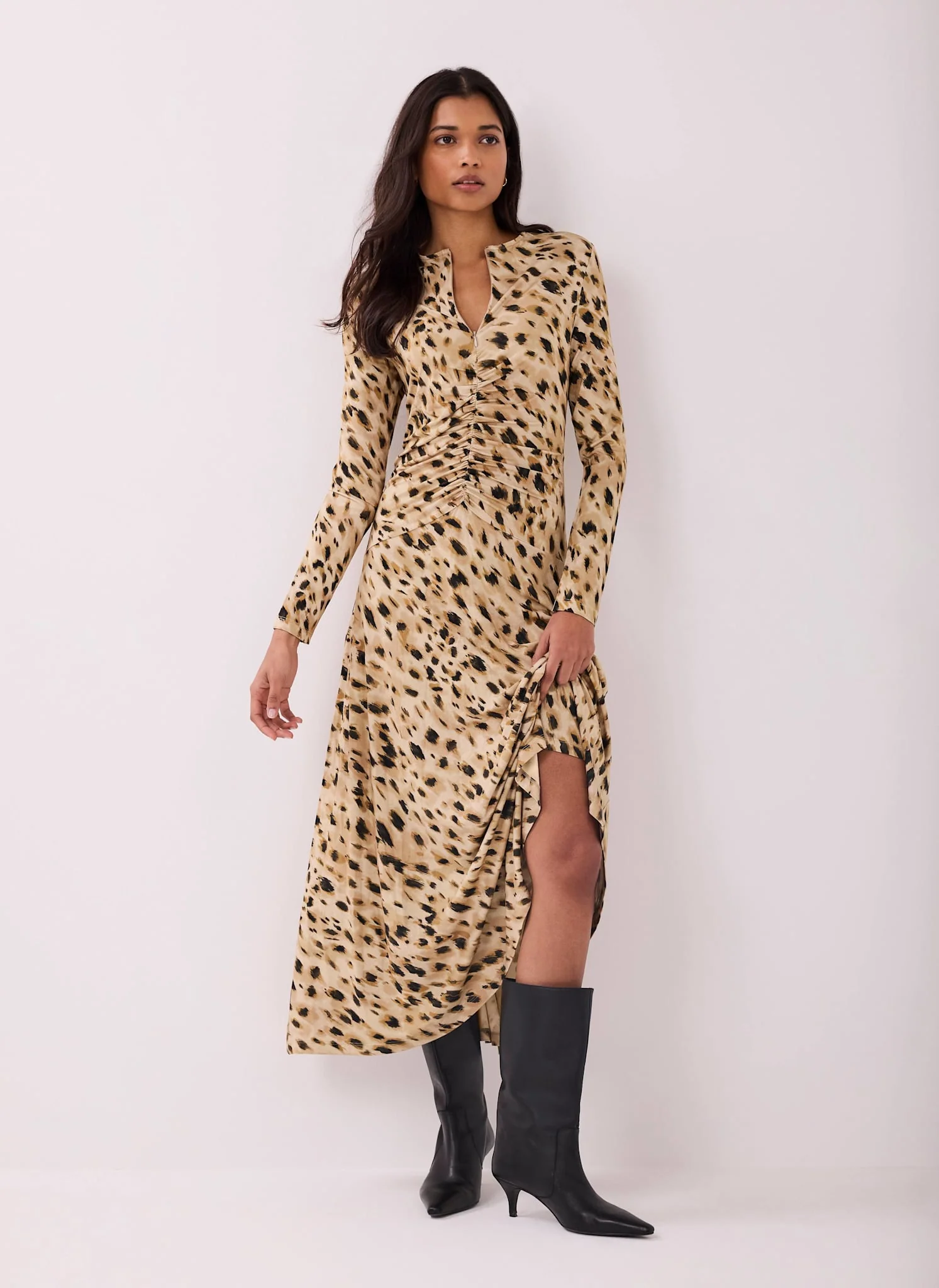 Animal Print Zip Jersey Midi Dress