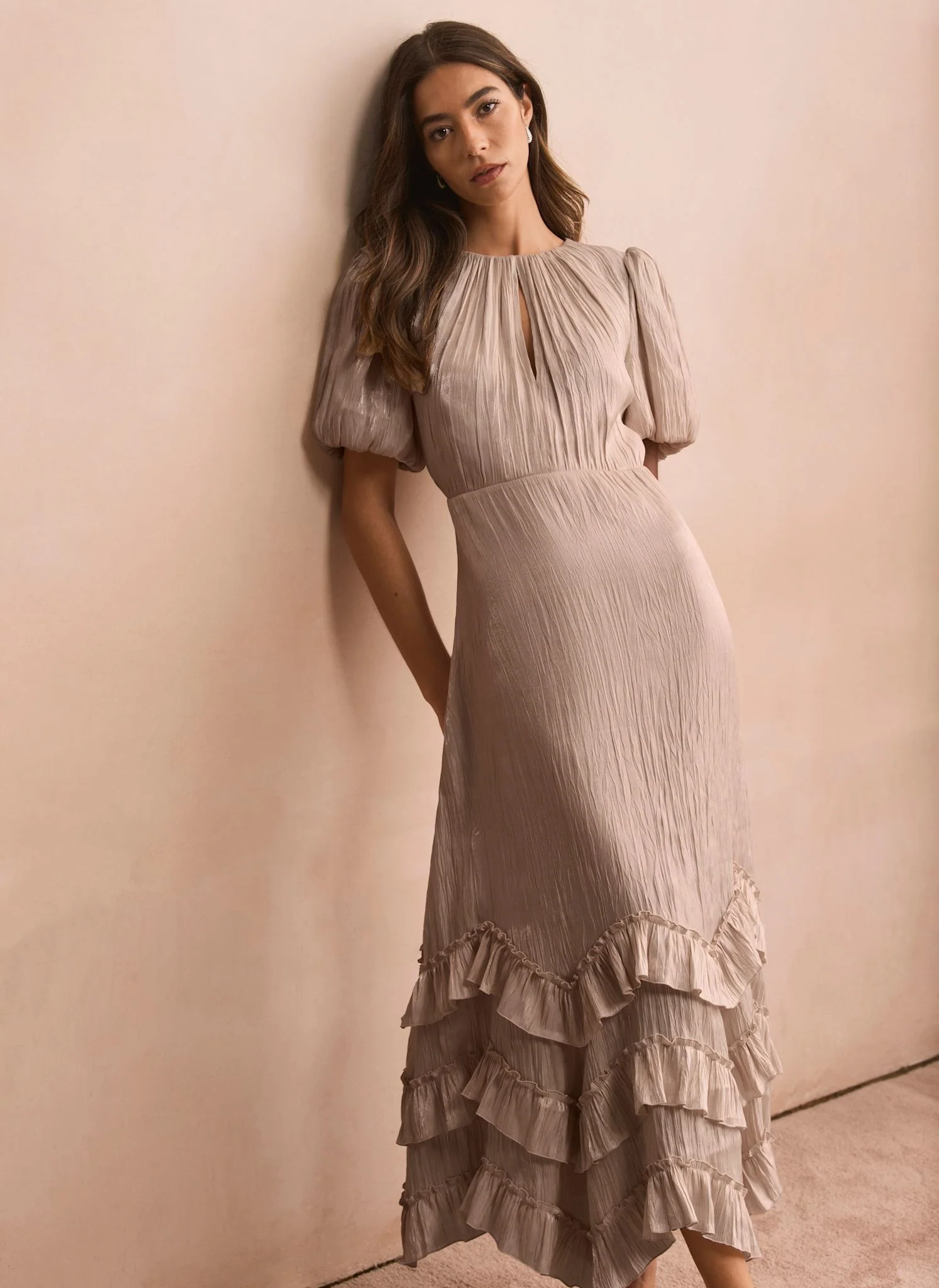 7812-neutral-metallic-ruffle-maxi-dress-3.webp Neutral Metallic Ruffle Maxi Dress