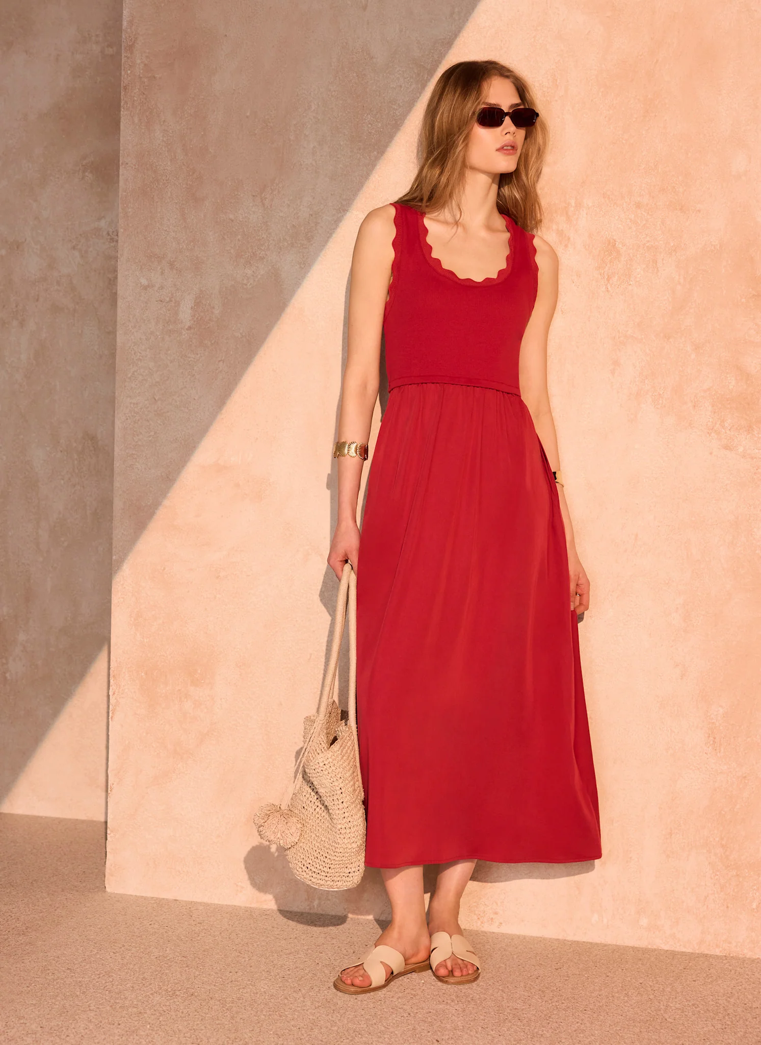 7826-red-scallop-trim-midi-dress-2.webp Red Scallop Trim Midi Dress