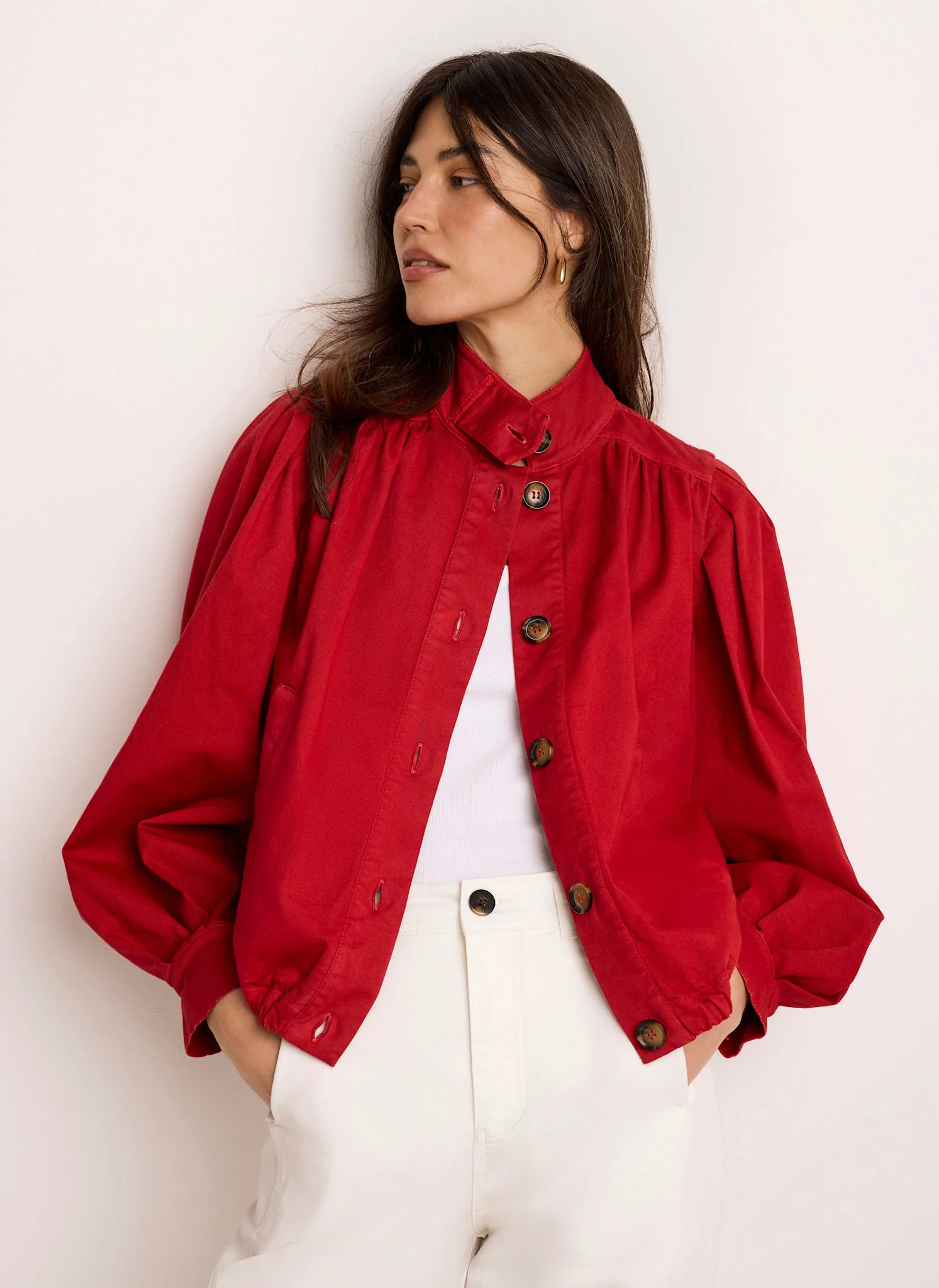 7856-red-cotton-blend-puff-sleeve-jacket-1.webp Red Cotton Blend Puff Sleeve Jacket
