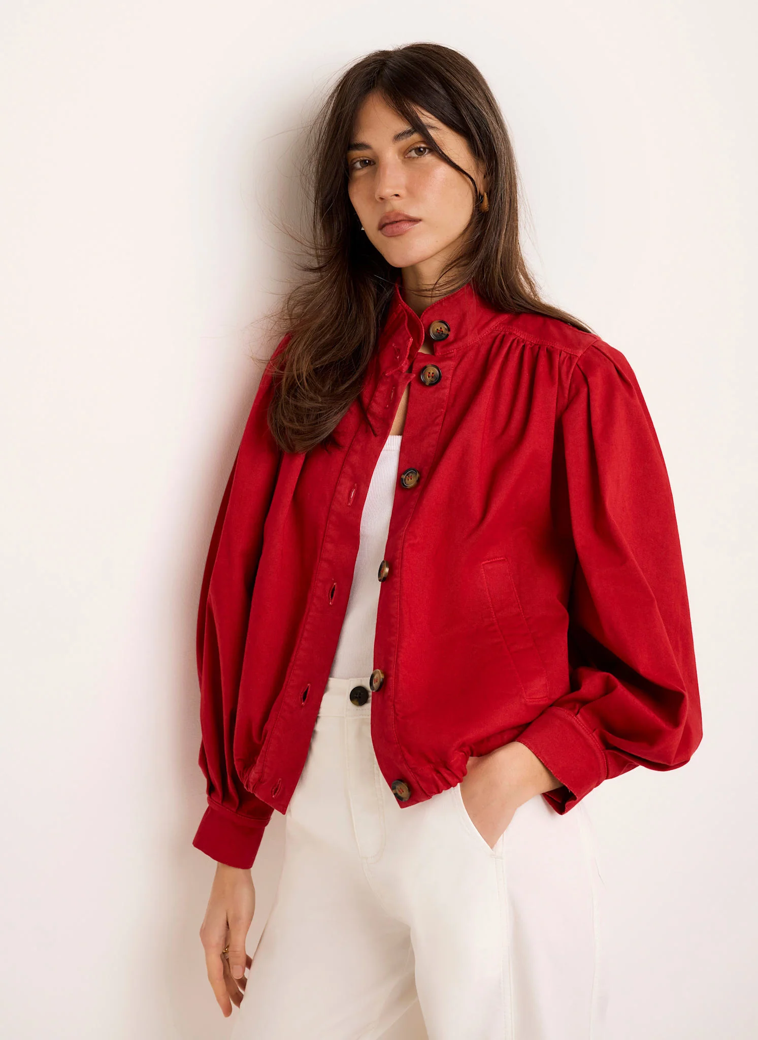 7856-red-cotton-blend-puff-sleeve-jacket-2.webp Red Cotton Blend Puff Sleeve Jacket