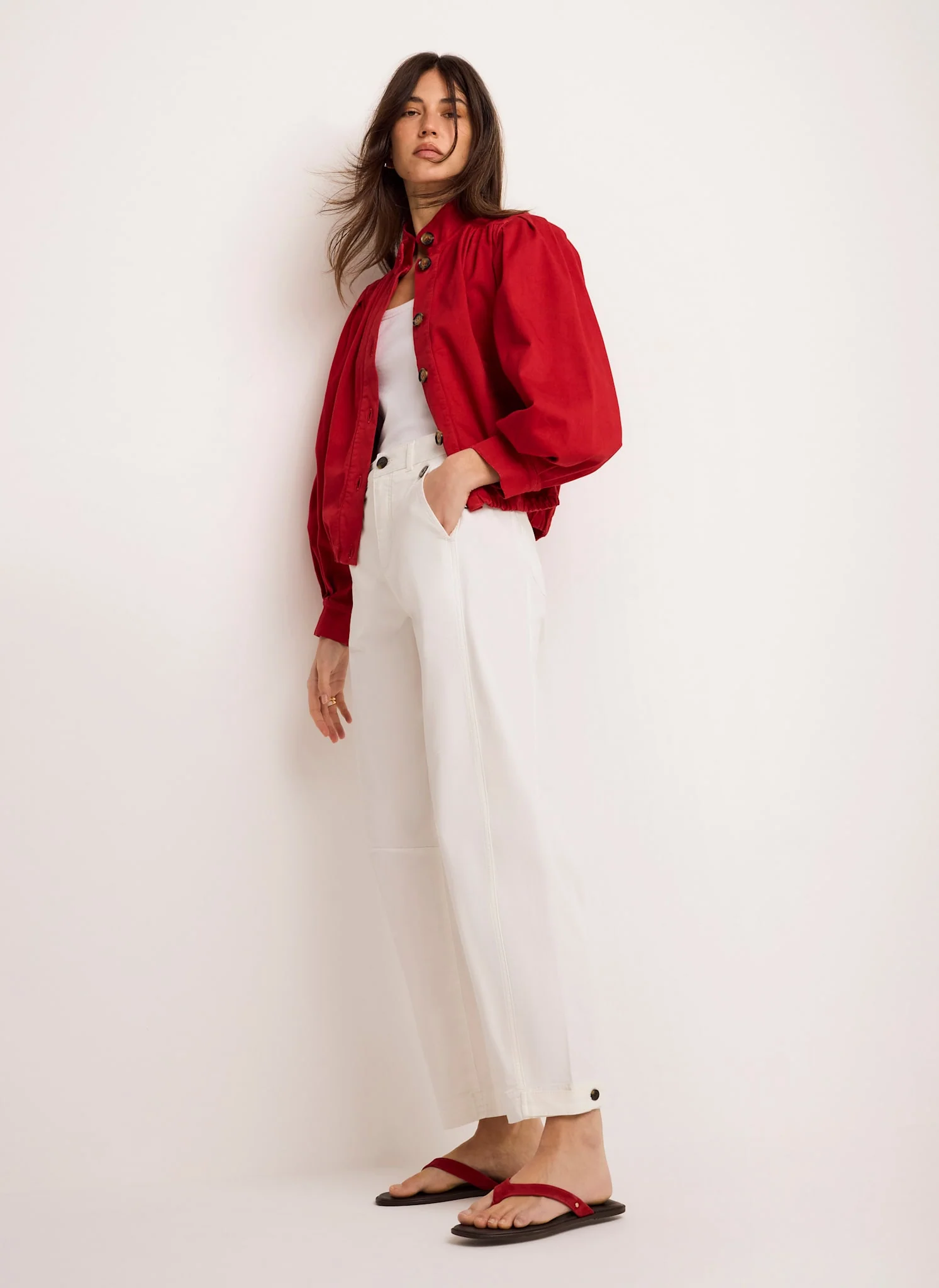 7856-red-cotton-blend-puff-sleeve-jacket-4.webp Red Cotton Blend Puff Sleeve Jacket
