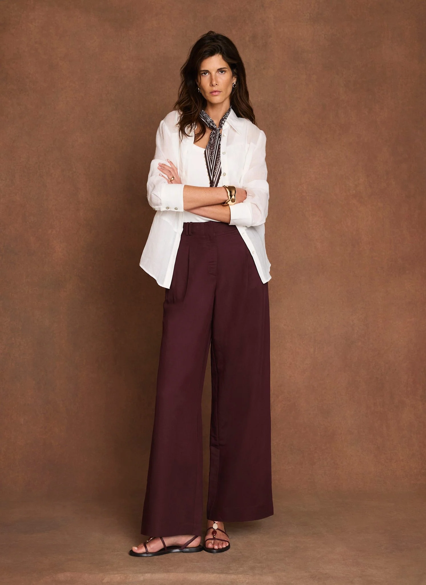 Burgundy Linen Blend Wide Leg Trousers