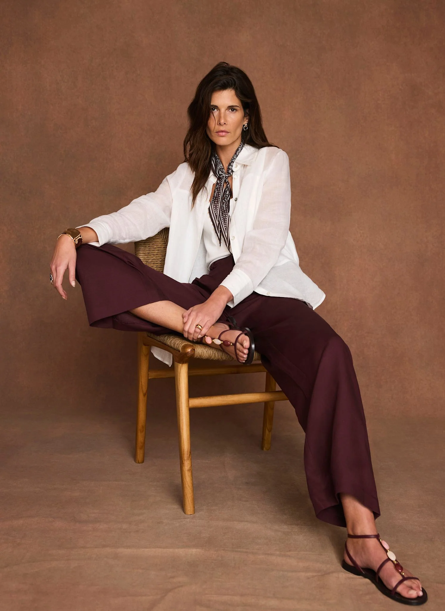 Burgundy Linen Blend Wide Leg Trousers