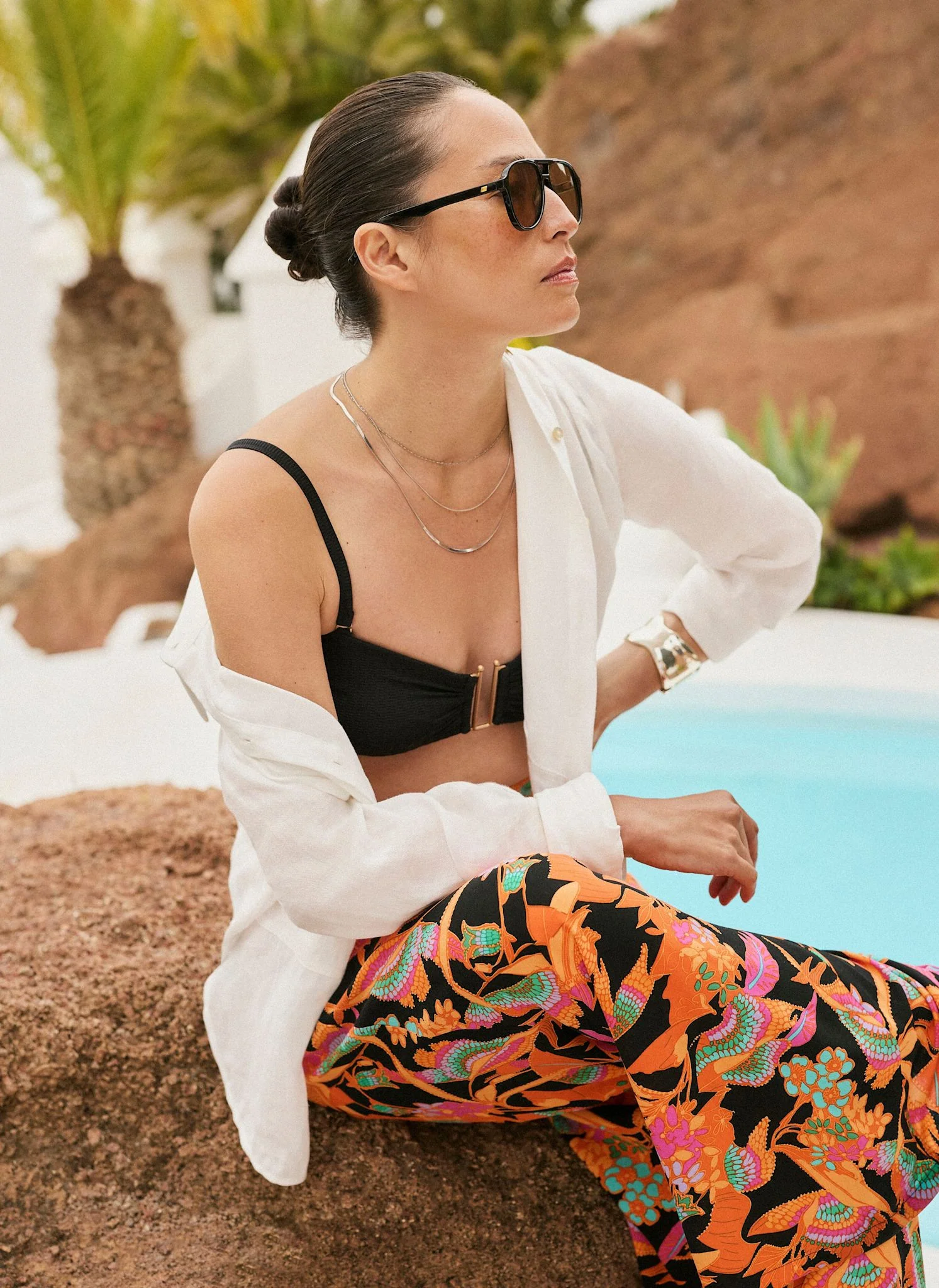 Orange Floral Print Wide Leg Trousers