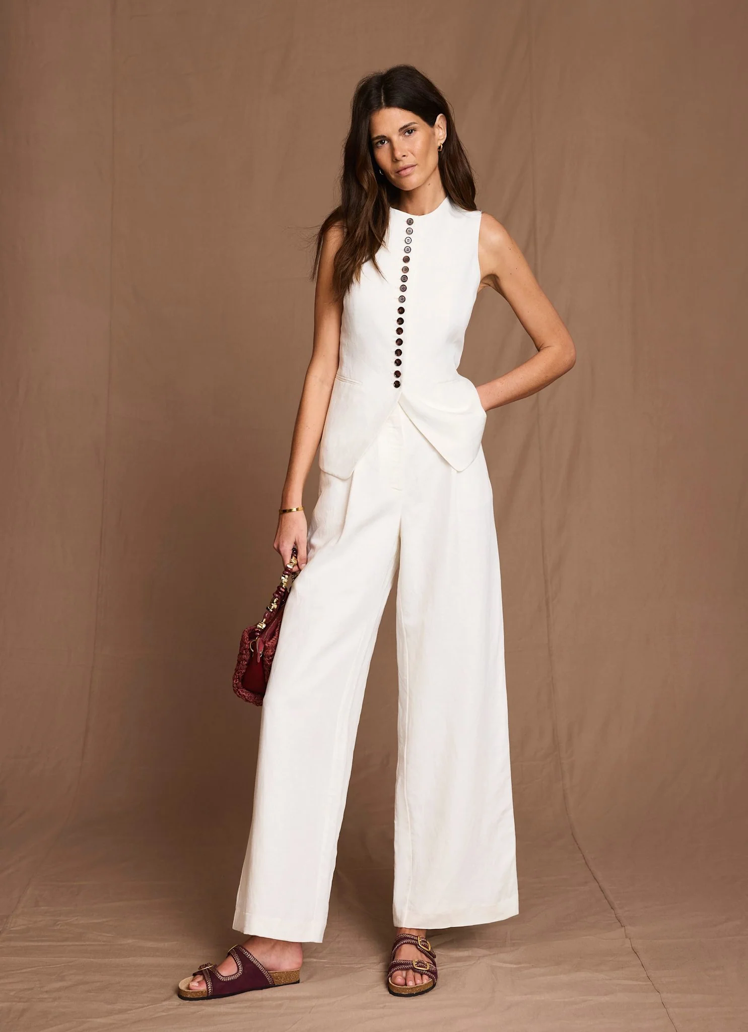 7910-cream-linen-blend-pleated-wide-leg-trousers-2.webp Cream Linen Blend Pleated Wide Leg Trousers