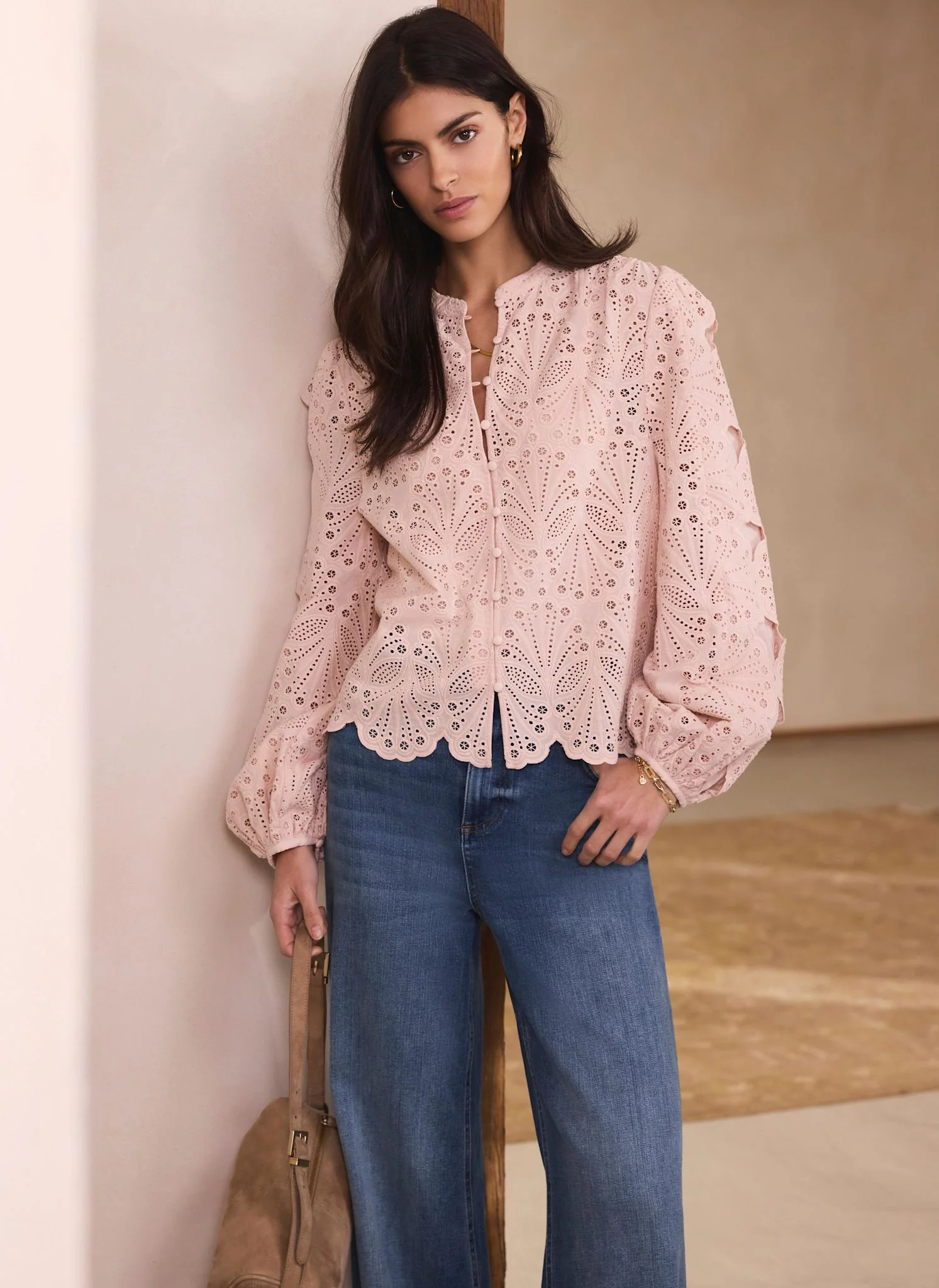 Pink Cotton Broderie Detail Blouse