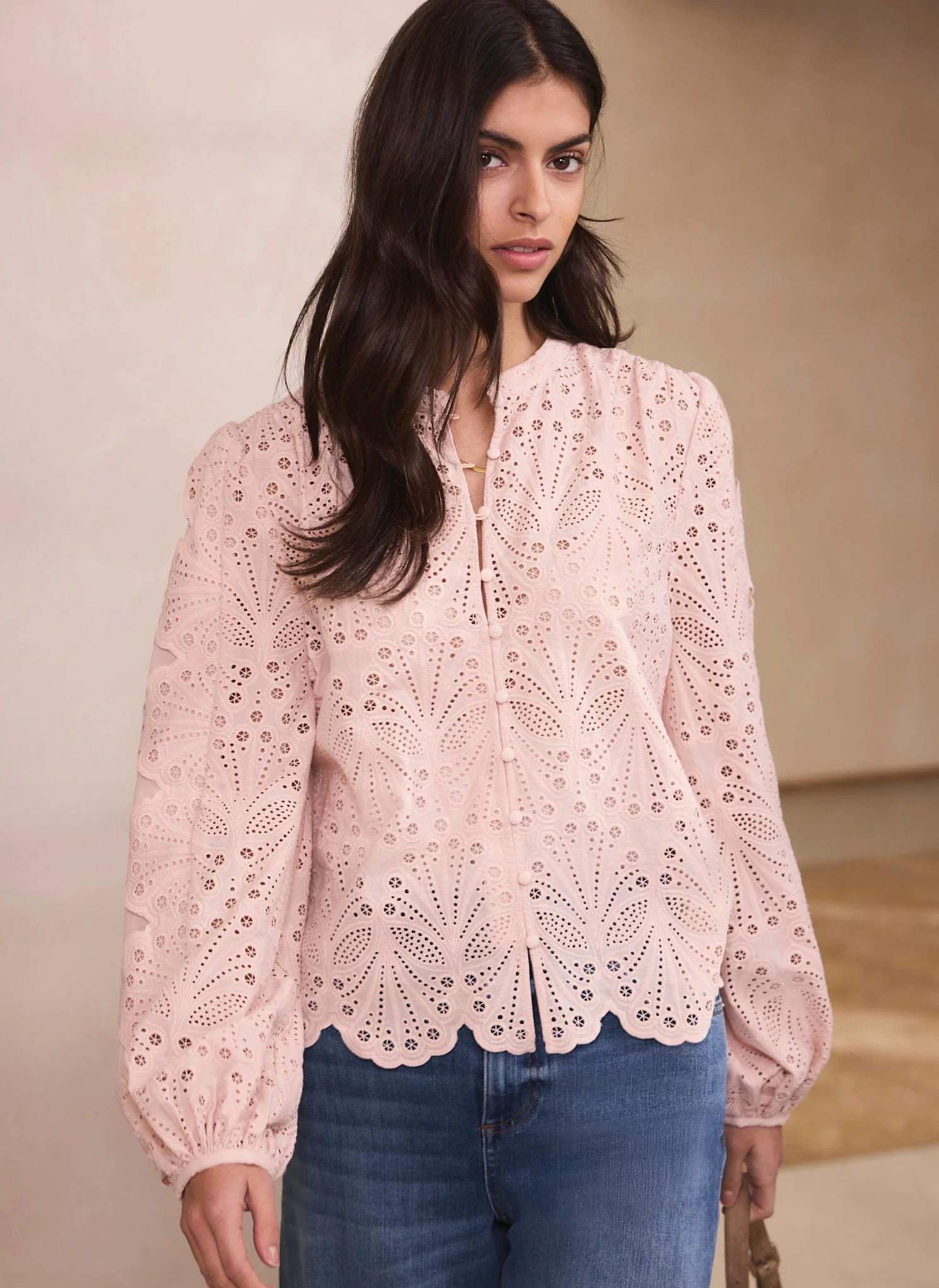 Pink Cotton Broderie Detail Blouse