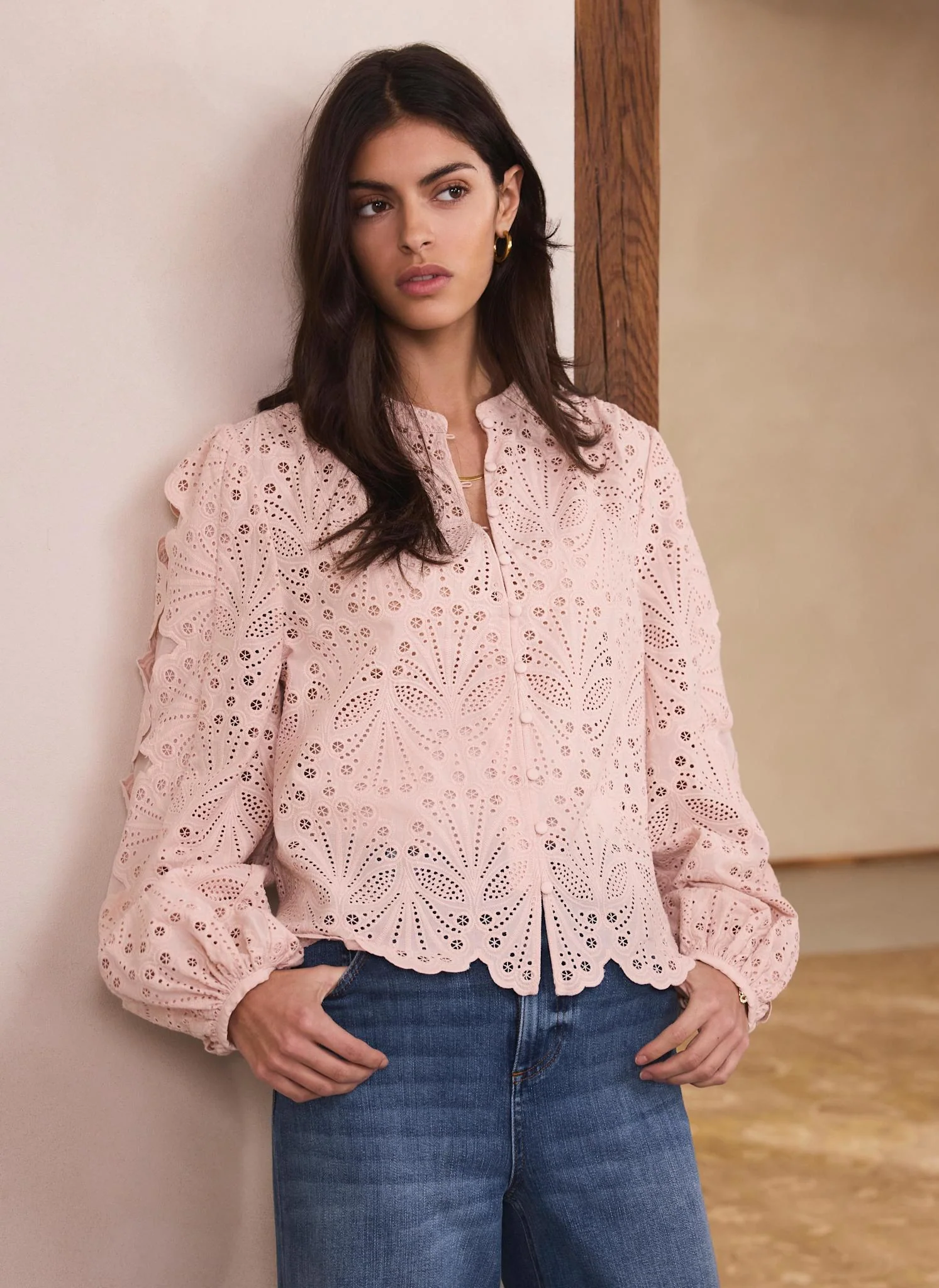 Pink Cotton Broderie Detail Blouse