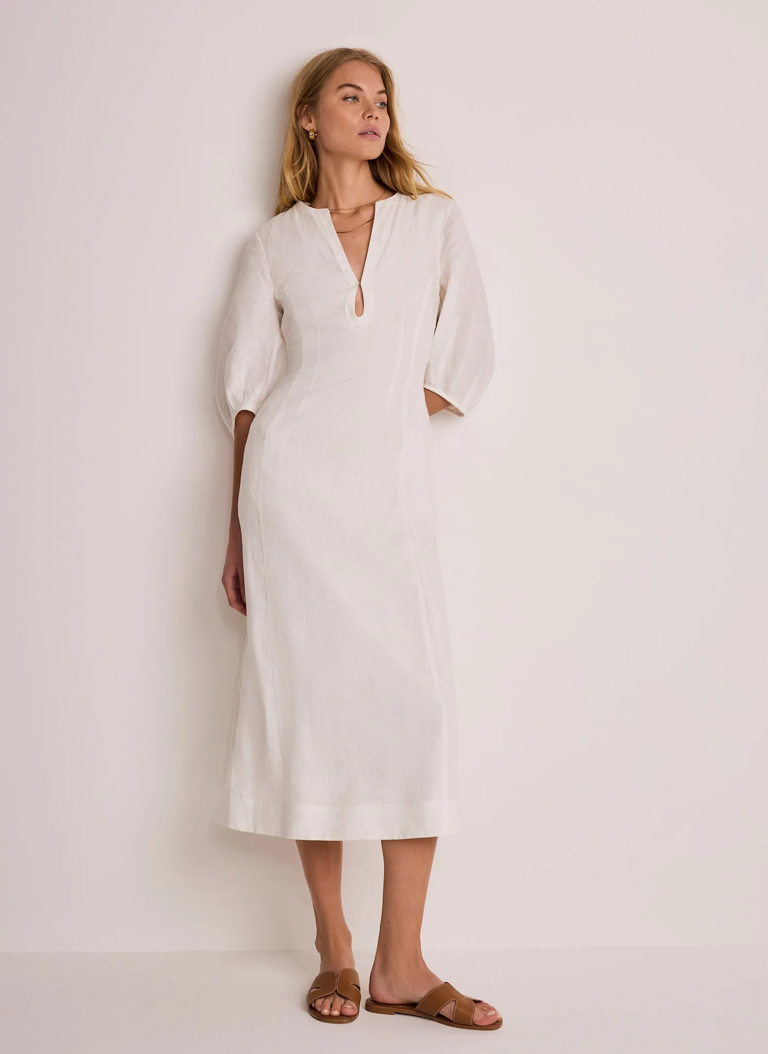 White Linen Puff Sleeve Midi Dress