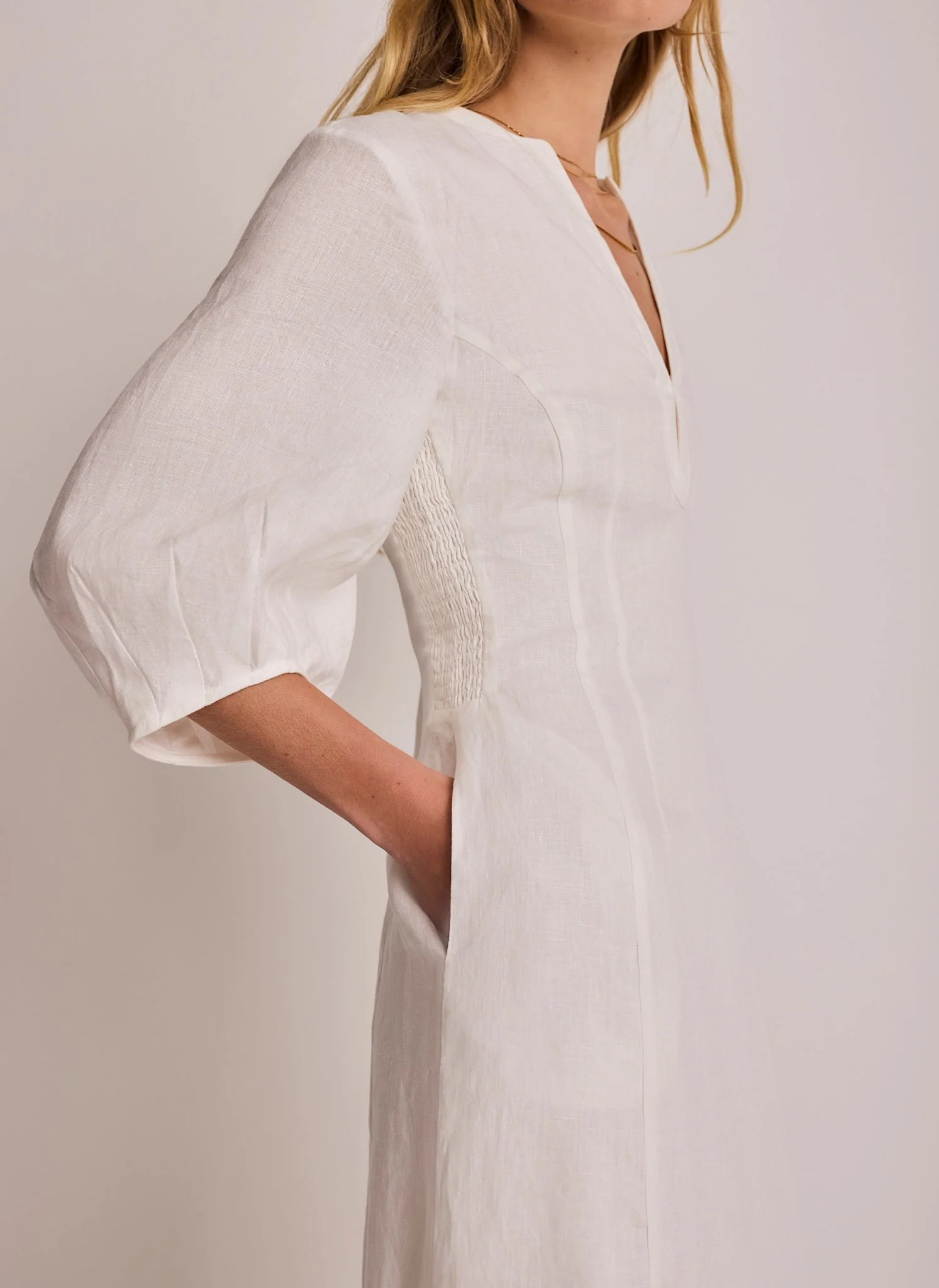 White Linen Puff Sleeve Midi Dress
