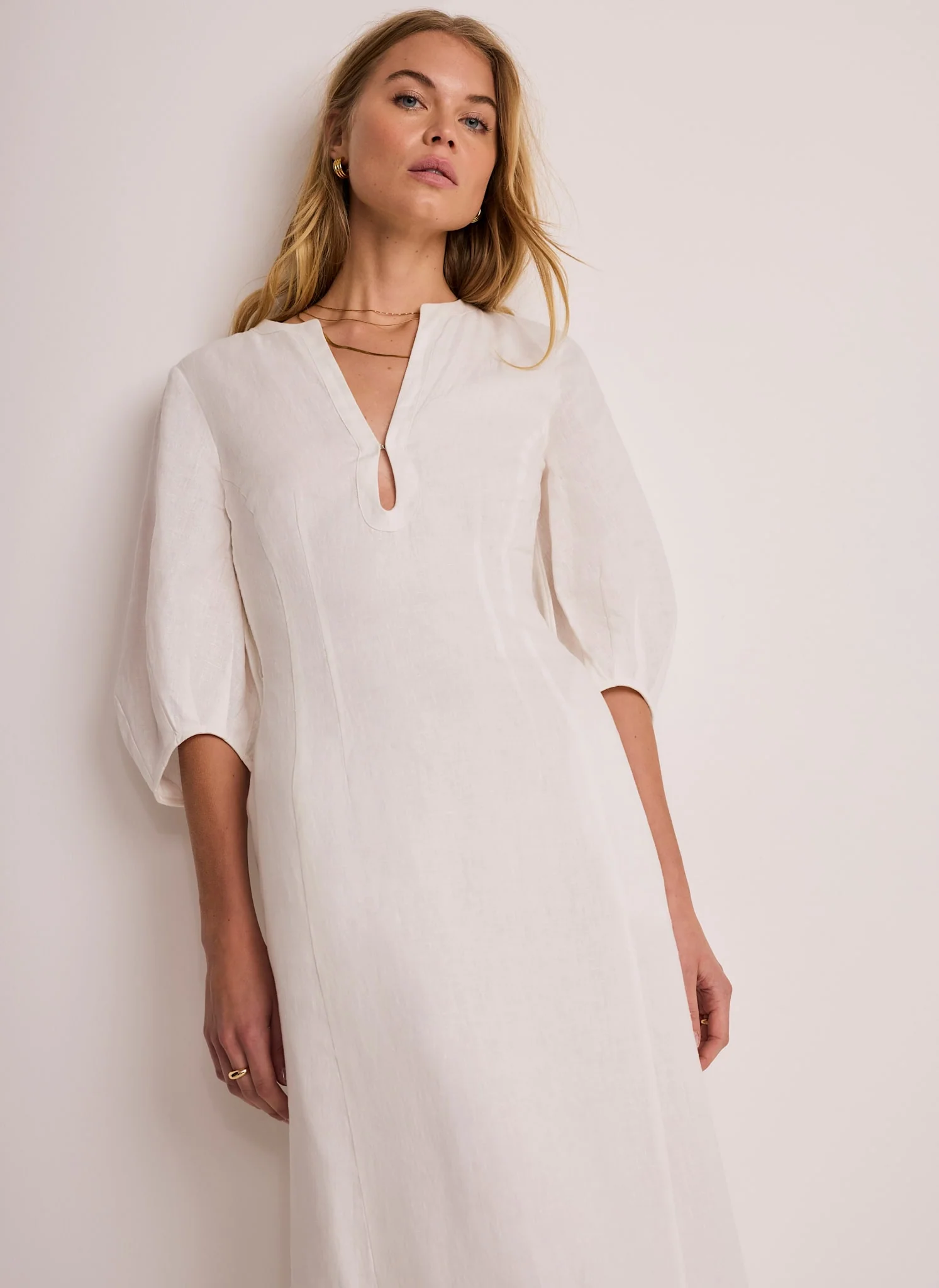 White Linen Puff Sleeve Midi Dress