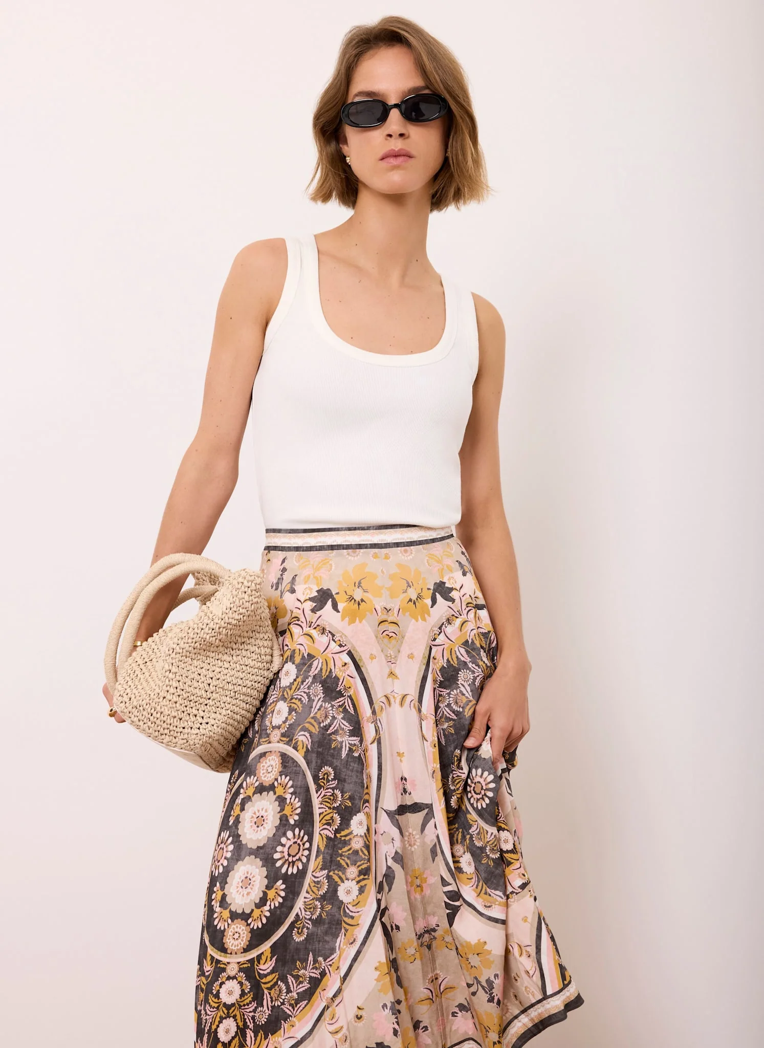 Neutral Floral Print Midi Skirt