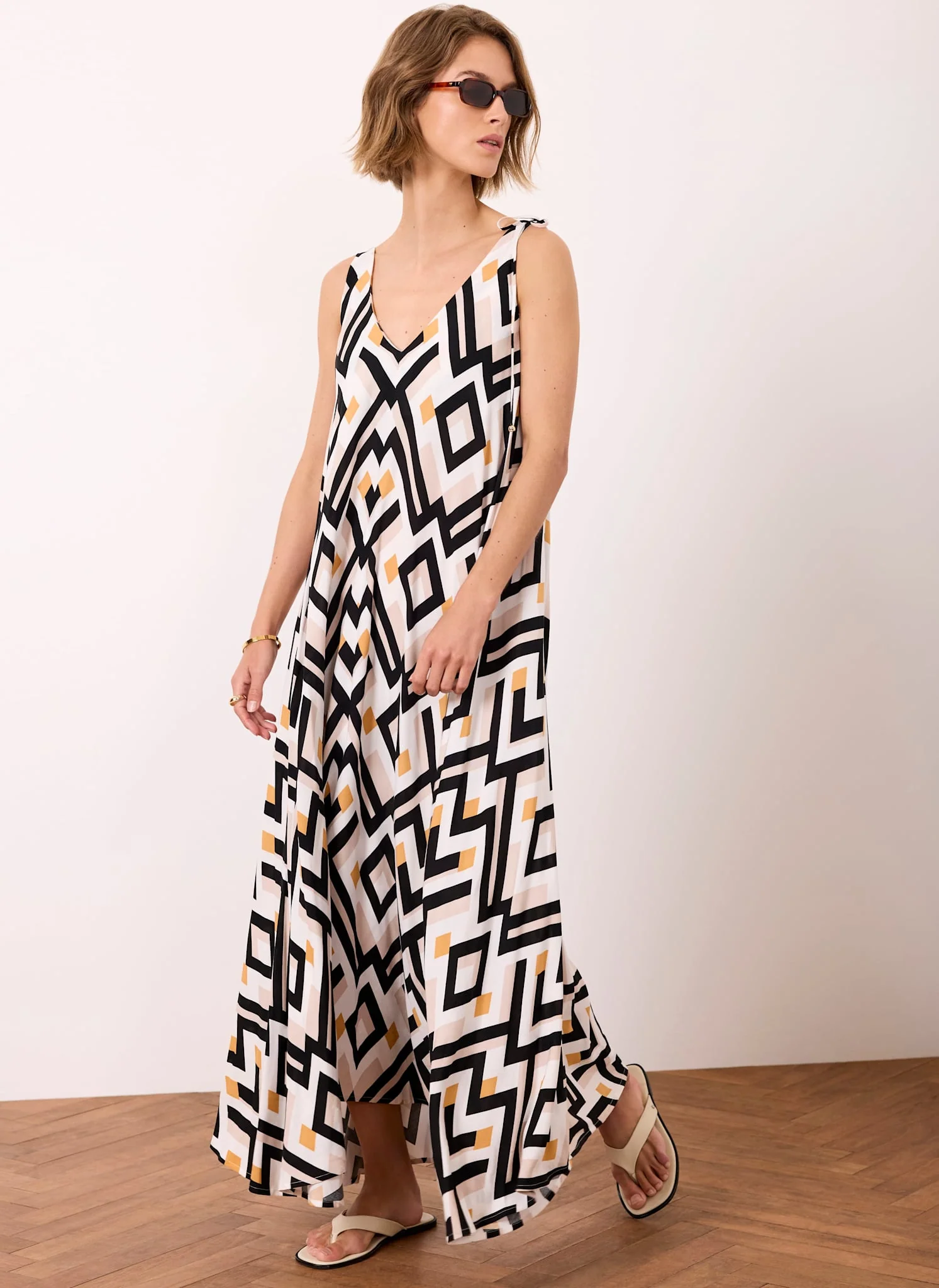 Black Geo Print Midi Dress