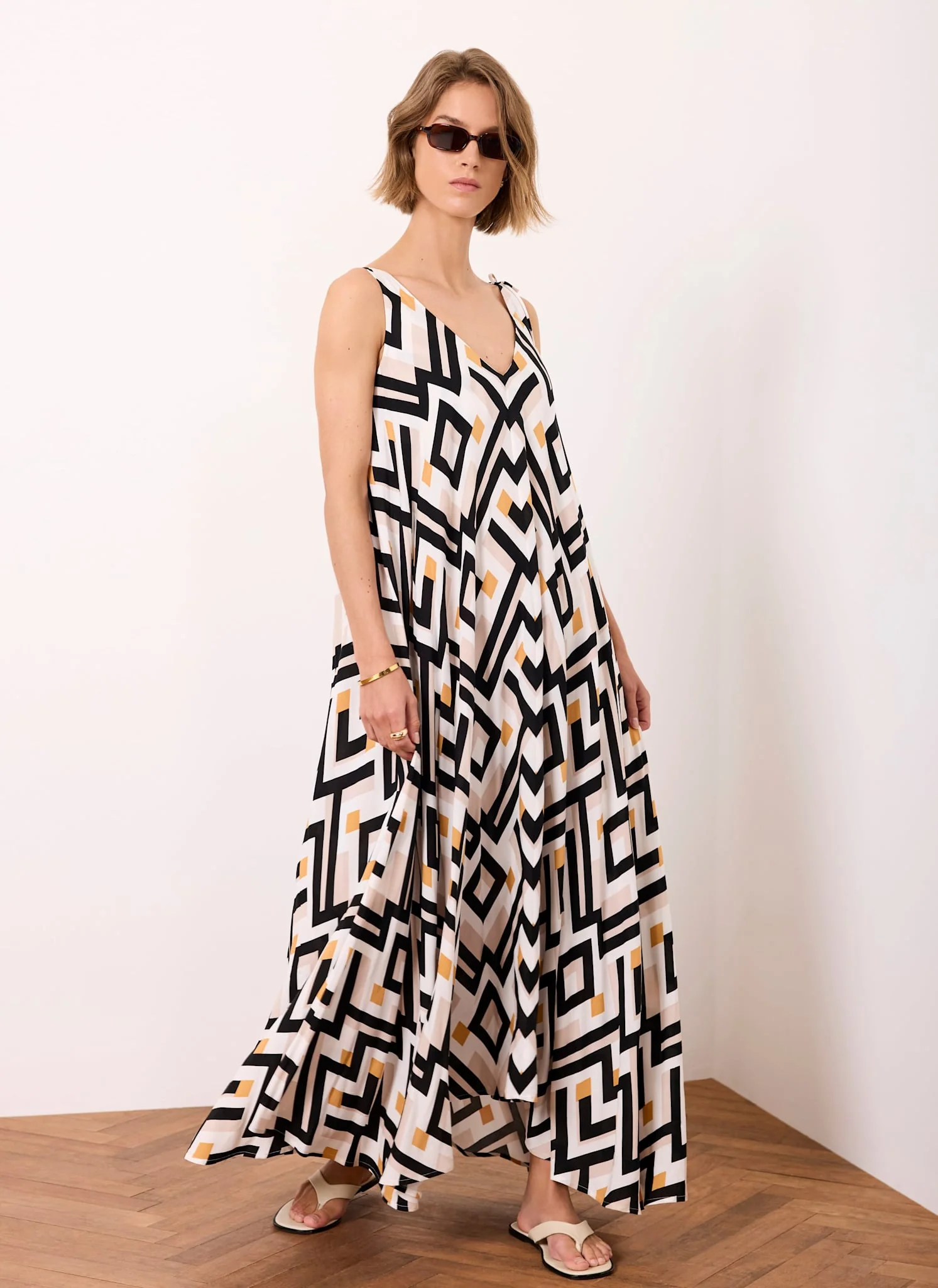 Black Geo Print Midi Dress