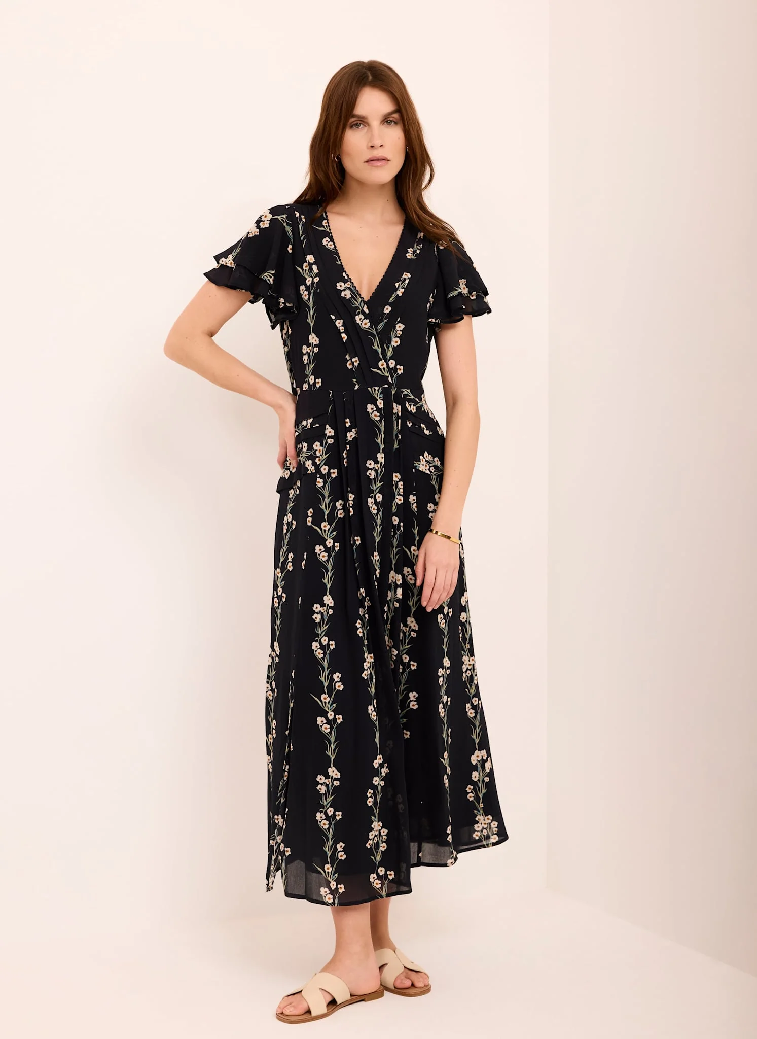 Navy Floral Print Midi Dress