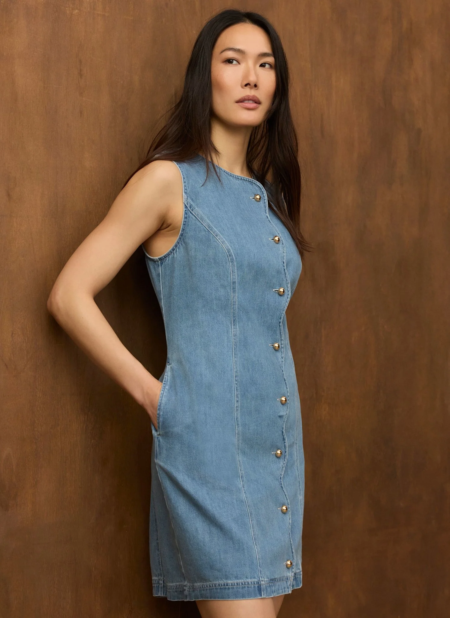Mid Indigo Denim Scallop Mini Shift Dress