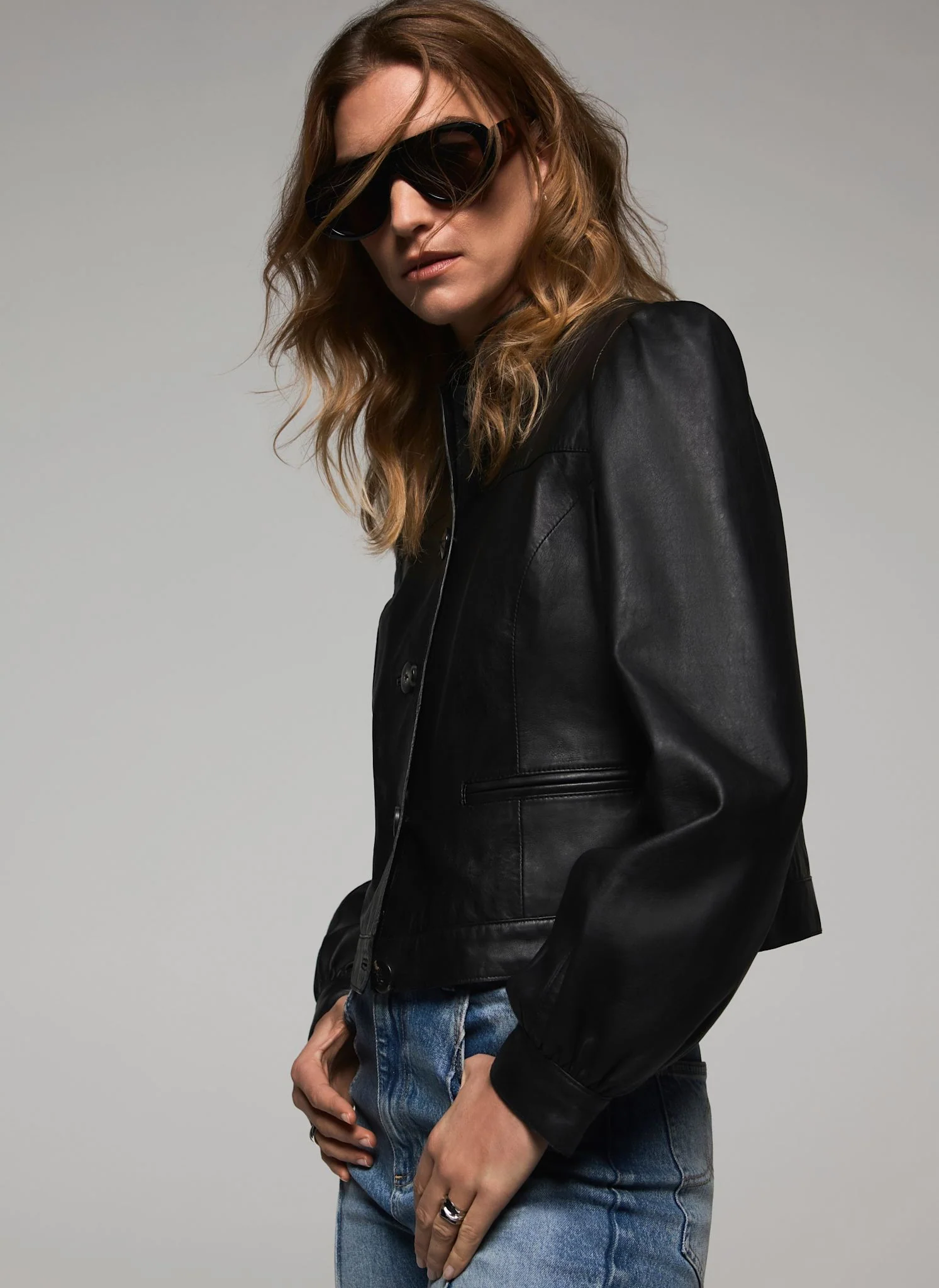 Black Leather Puff Sleeve Jacket