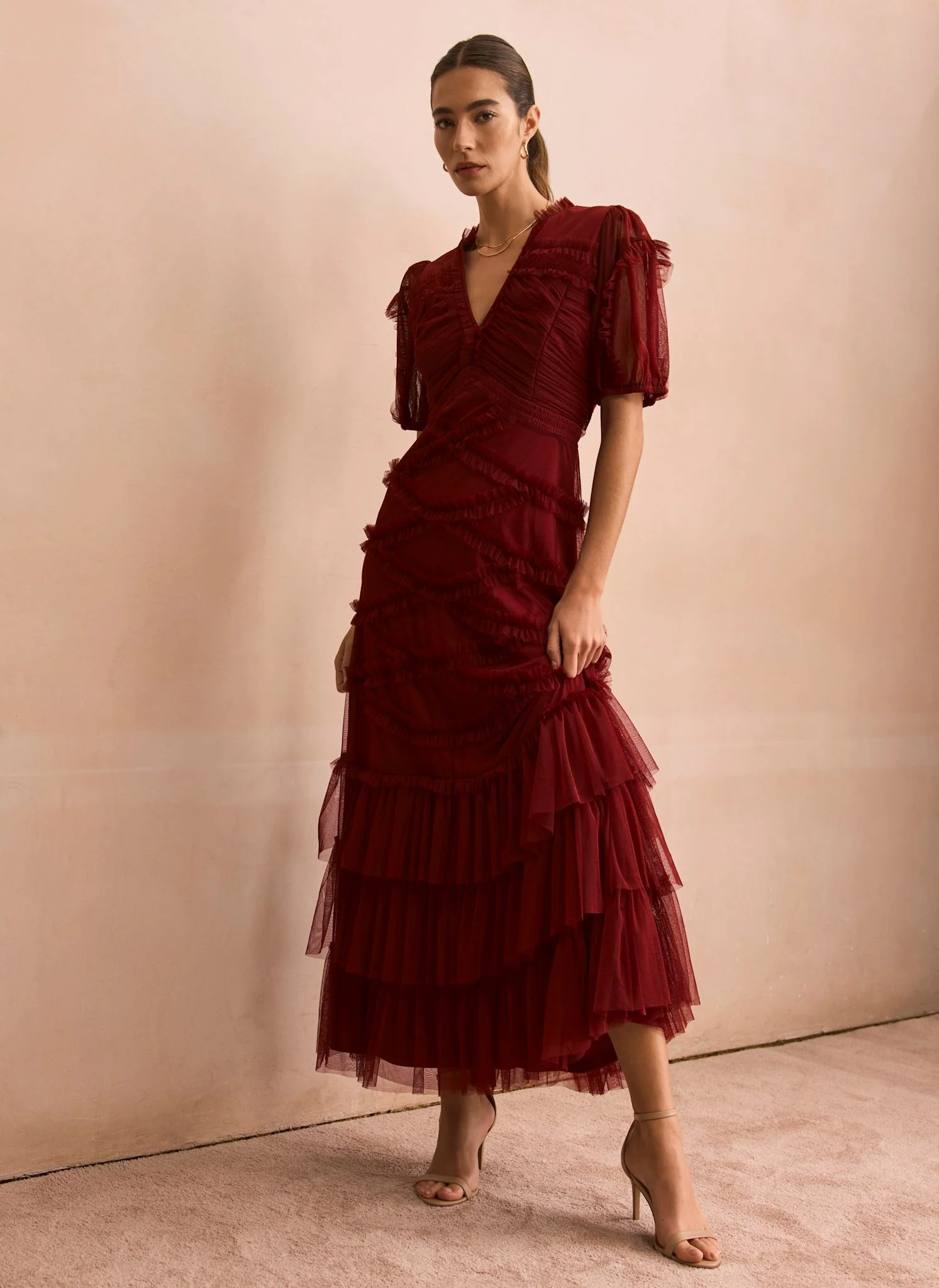 8280-burgundy-tulle-ruffle-maxi-dress-1.webp Burgundy Tulle Ruffle Maxi Dress