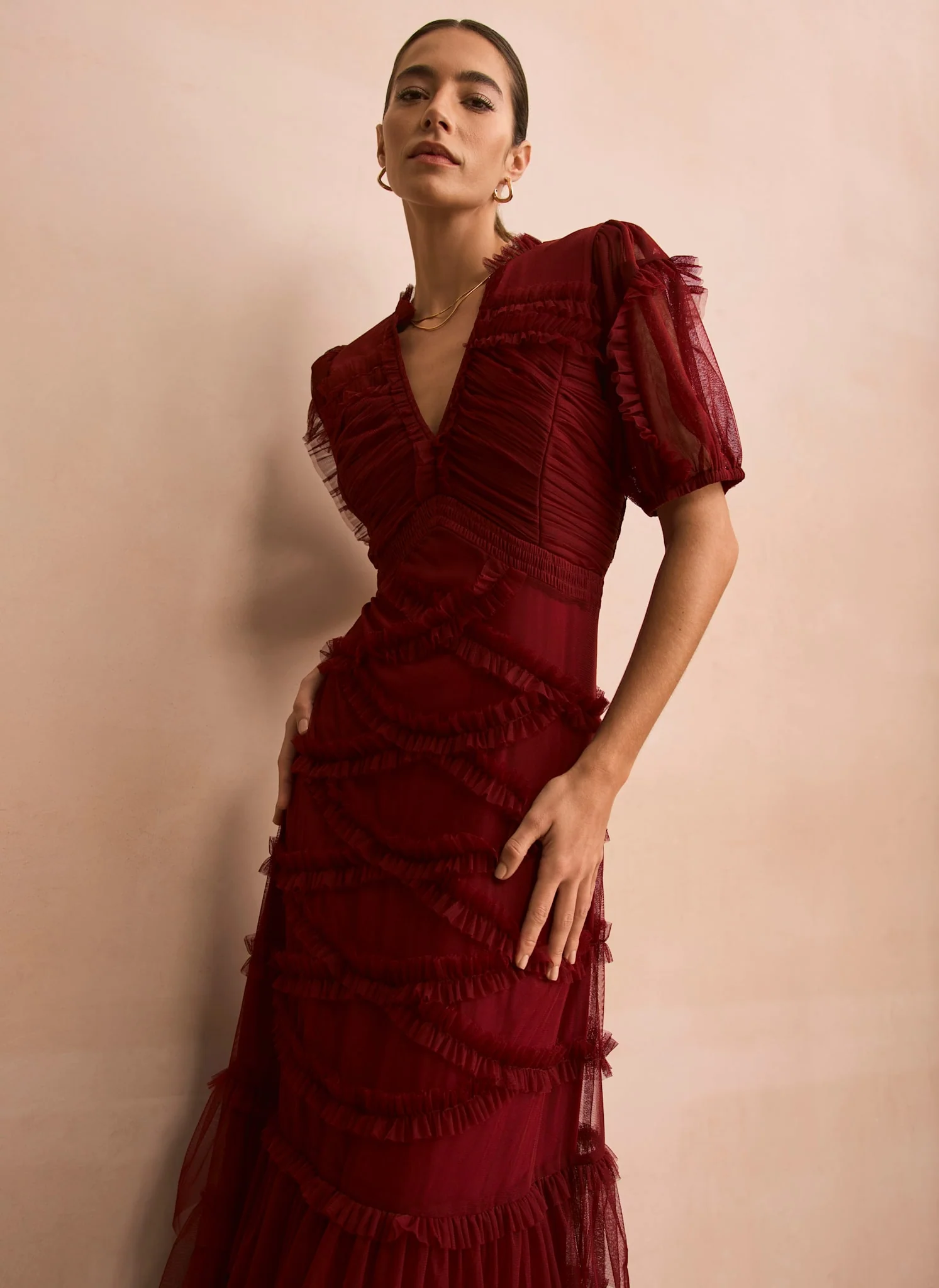 8280-burgundy-tulle-ruffle-maxi-dress-3.webp Burgundy Tulle Ruffle Maxi Dress