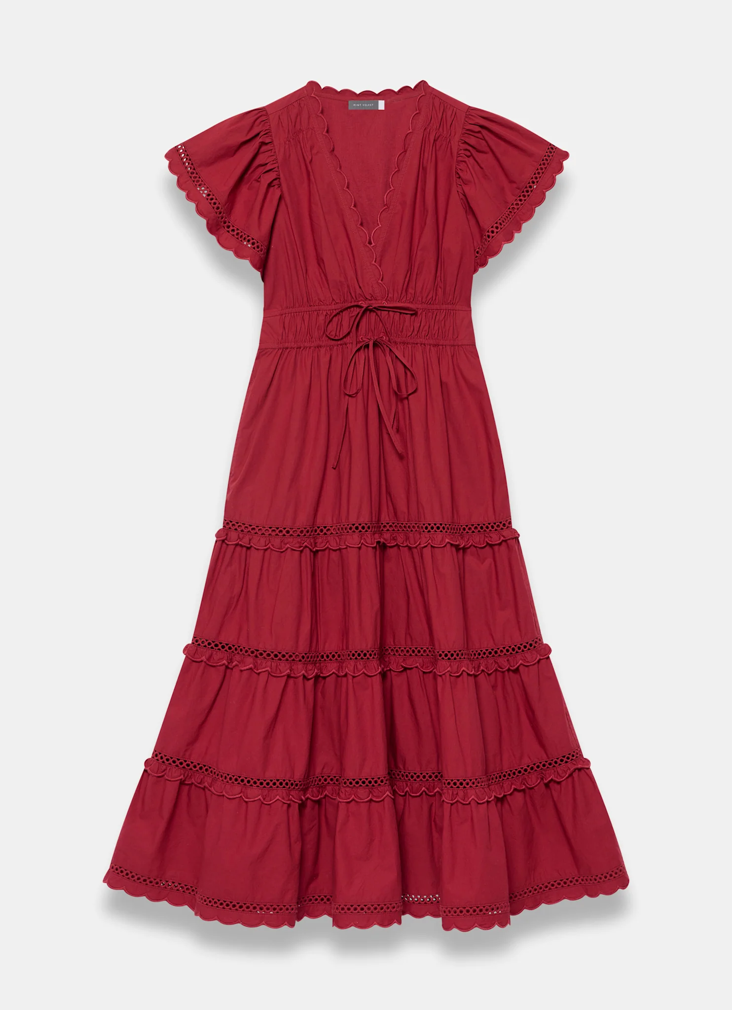 Red Cotton Ruffle Midi Dress