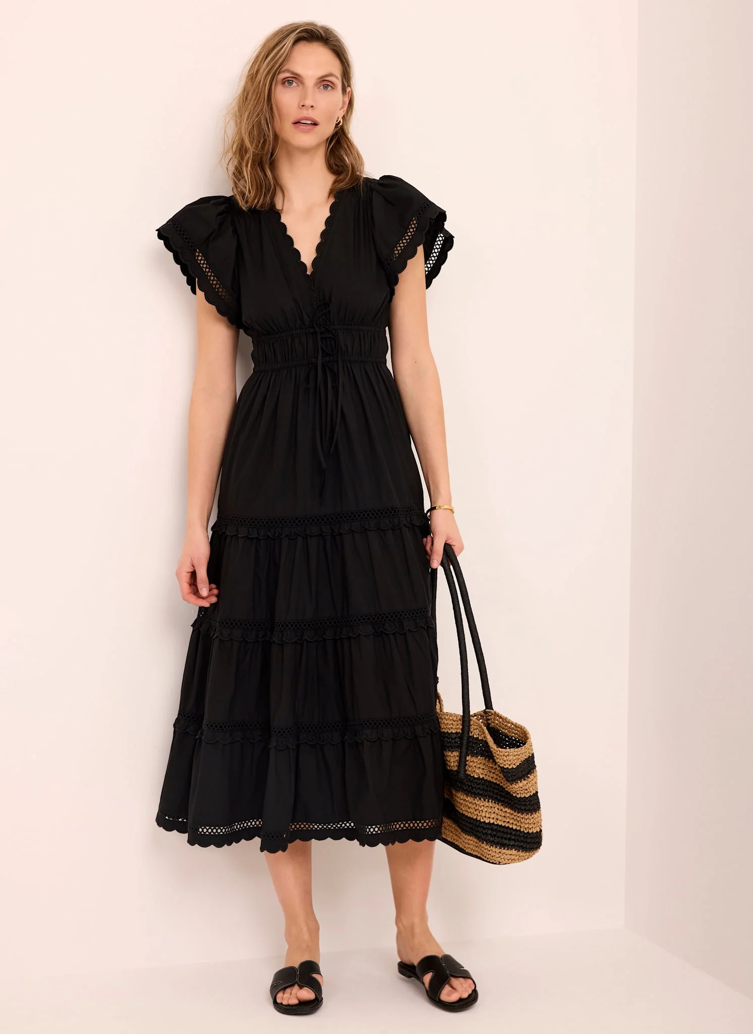 Black Cotton Ruffle Midi Dress
