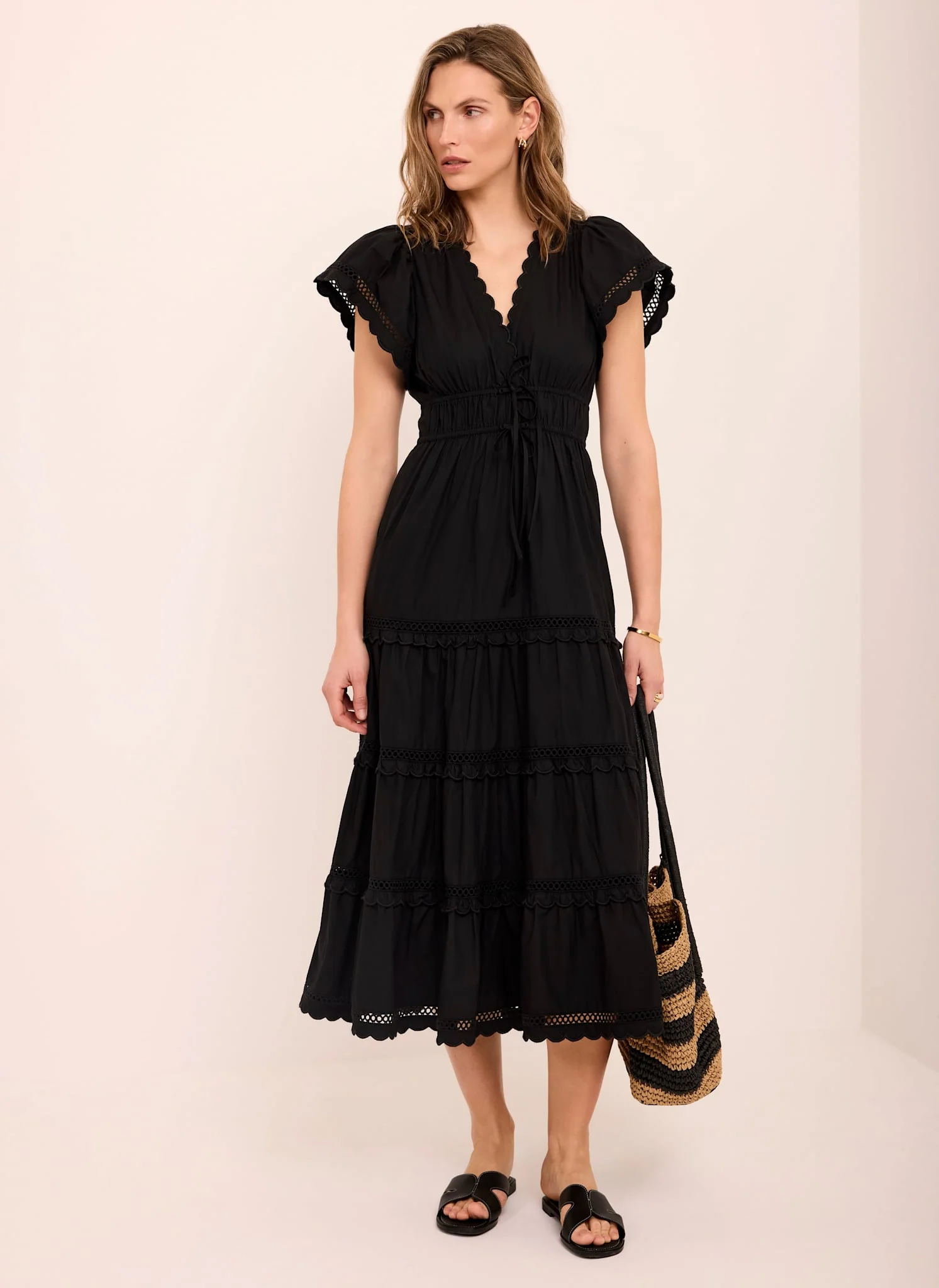 Black Cotton Ruffle Midi Dress