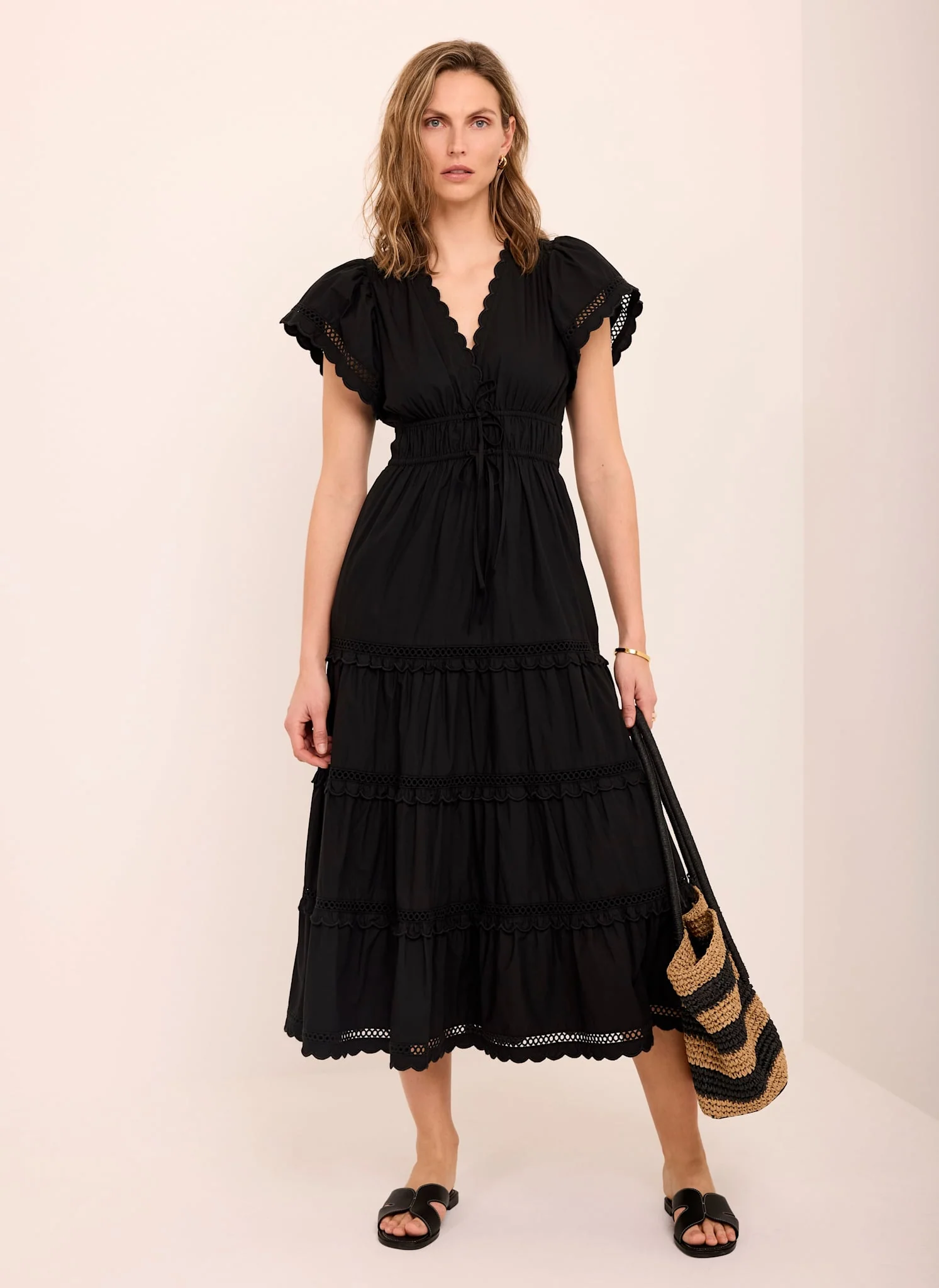 Black Cotton Ruffle Midi Dress