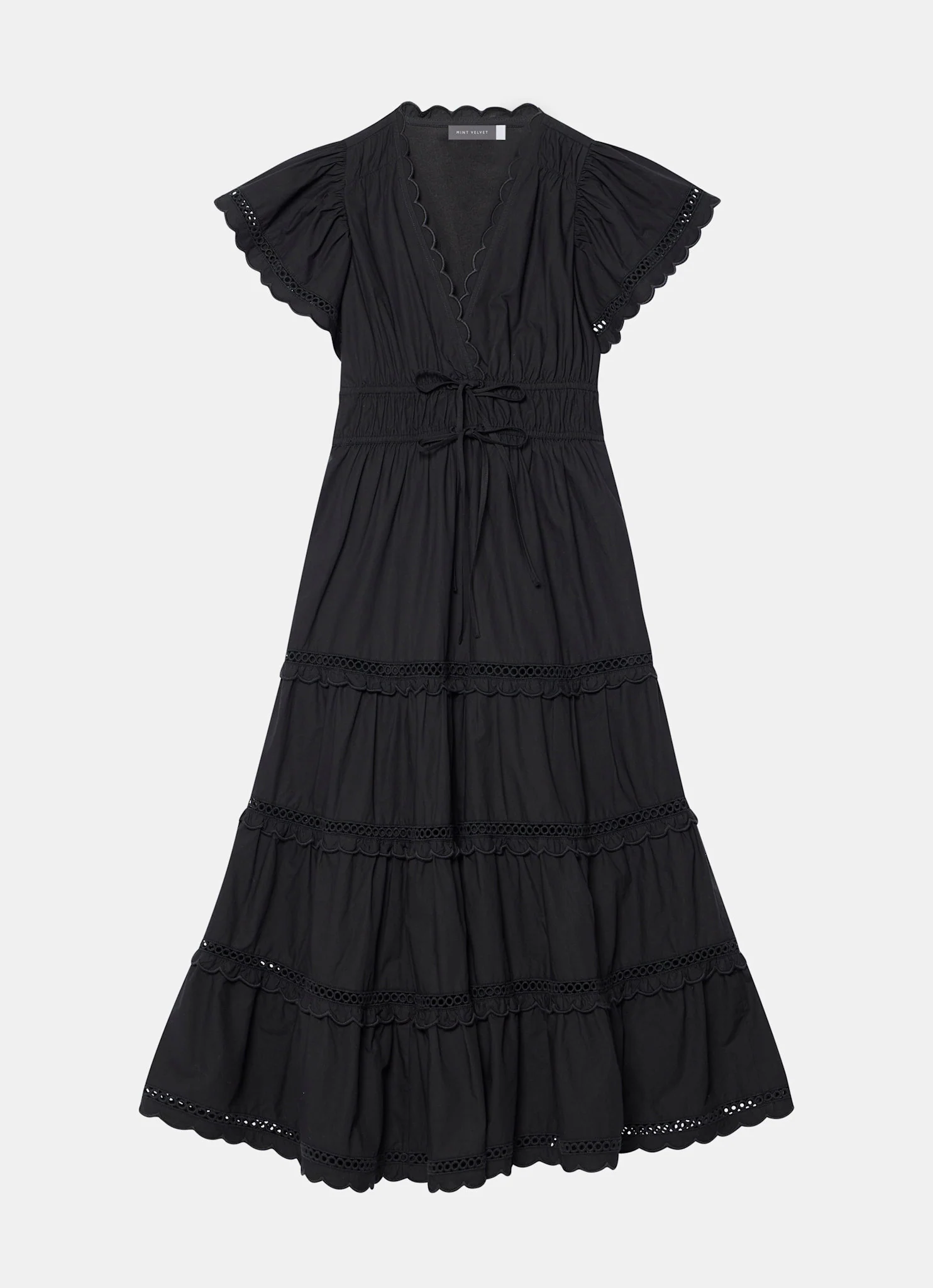 Black Cotton Ruffle Midi Dress