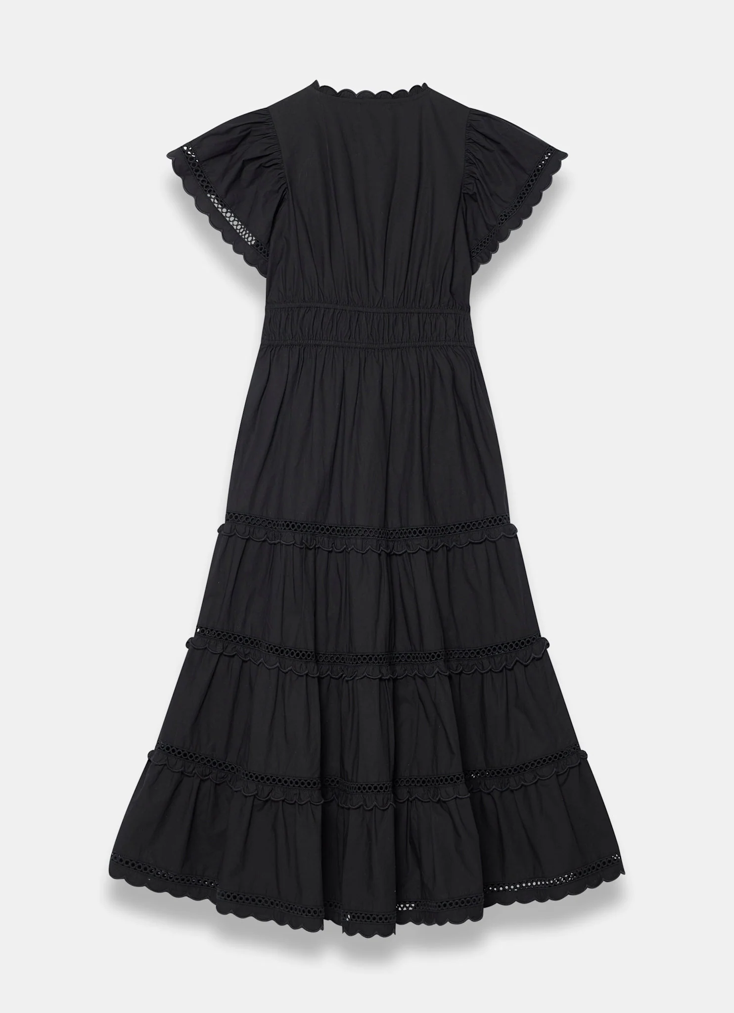 Black Cotton Ruffle Midi Dress