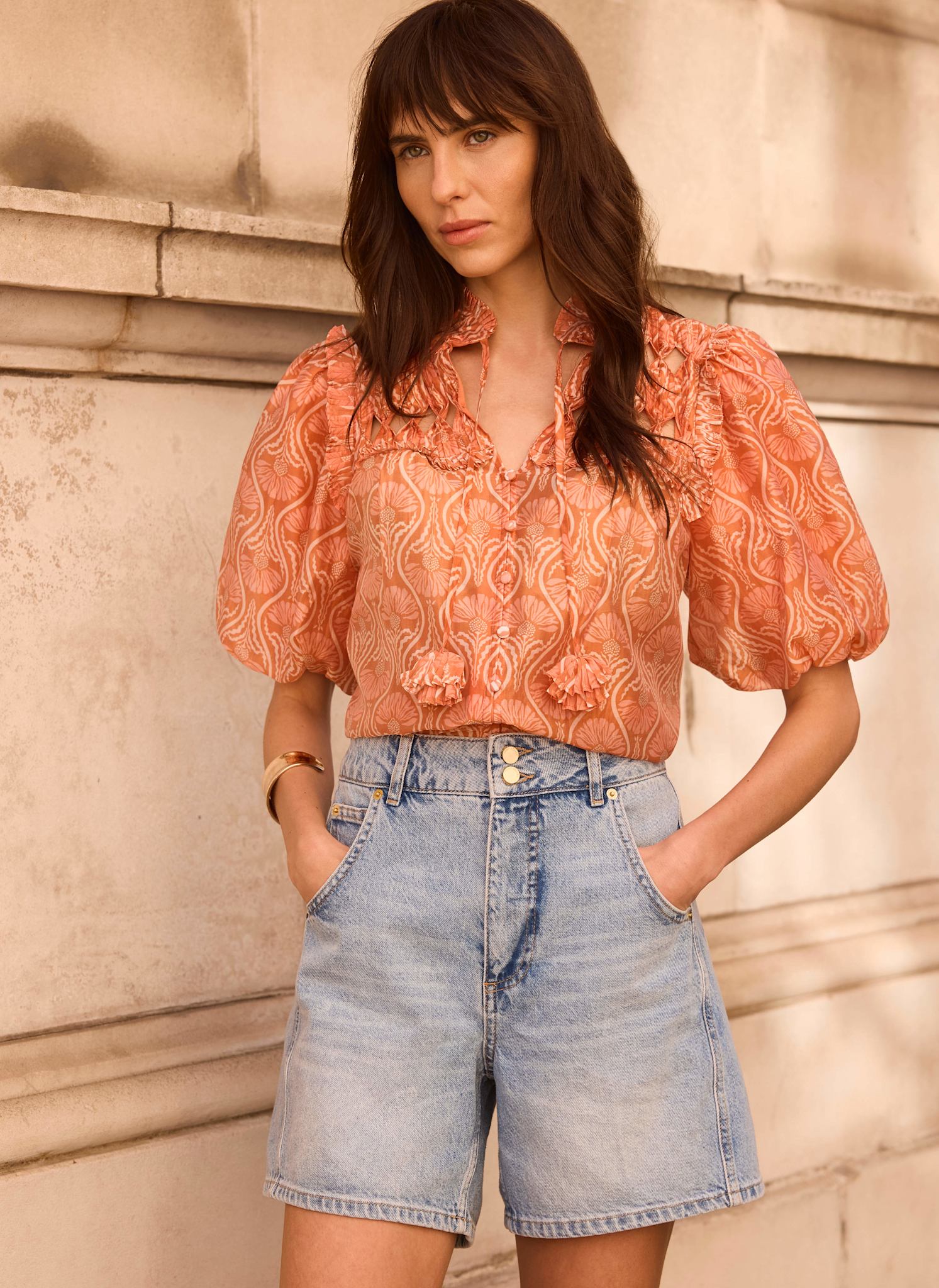 834-orange-printed-cut-out-tie-blouse-3.jpg Orange Printed Cut Out Tie Blouse