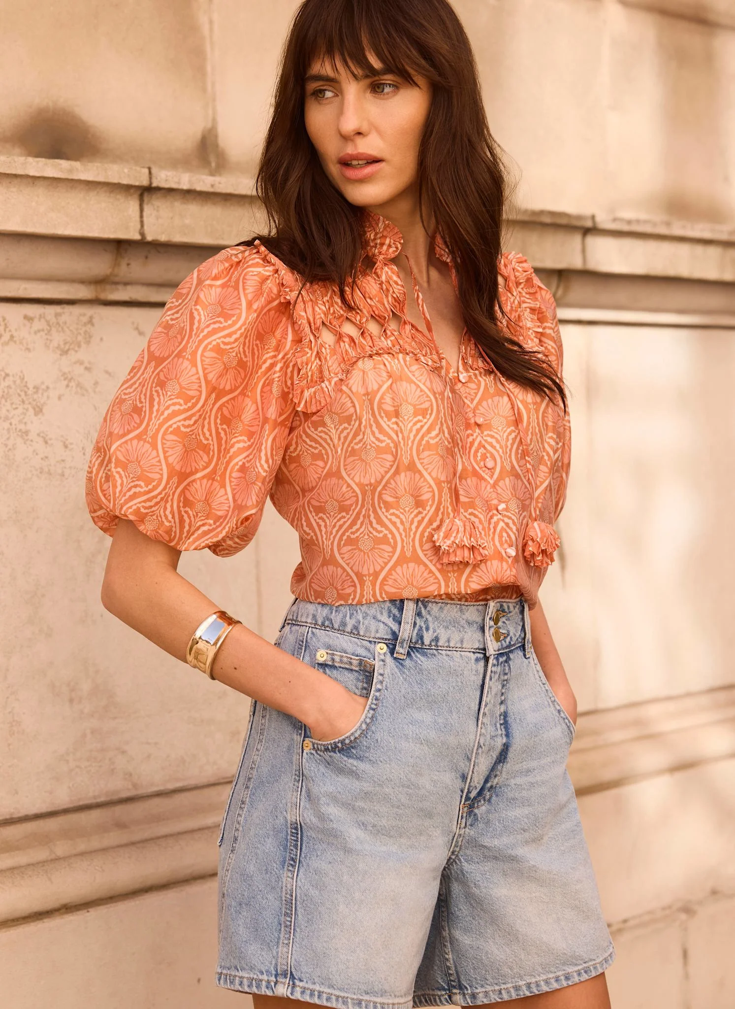 834-orange-printed-cut-out-tie-blouse-5.webp Orange Printed Cut Out Tie Blouse