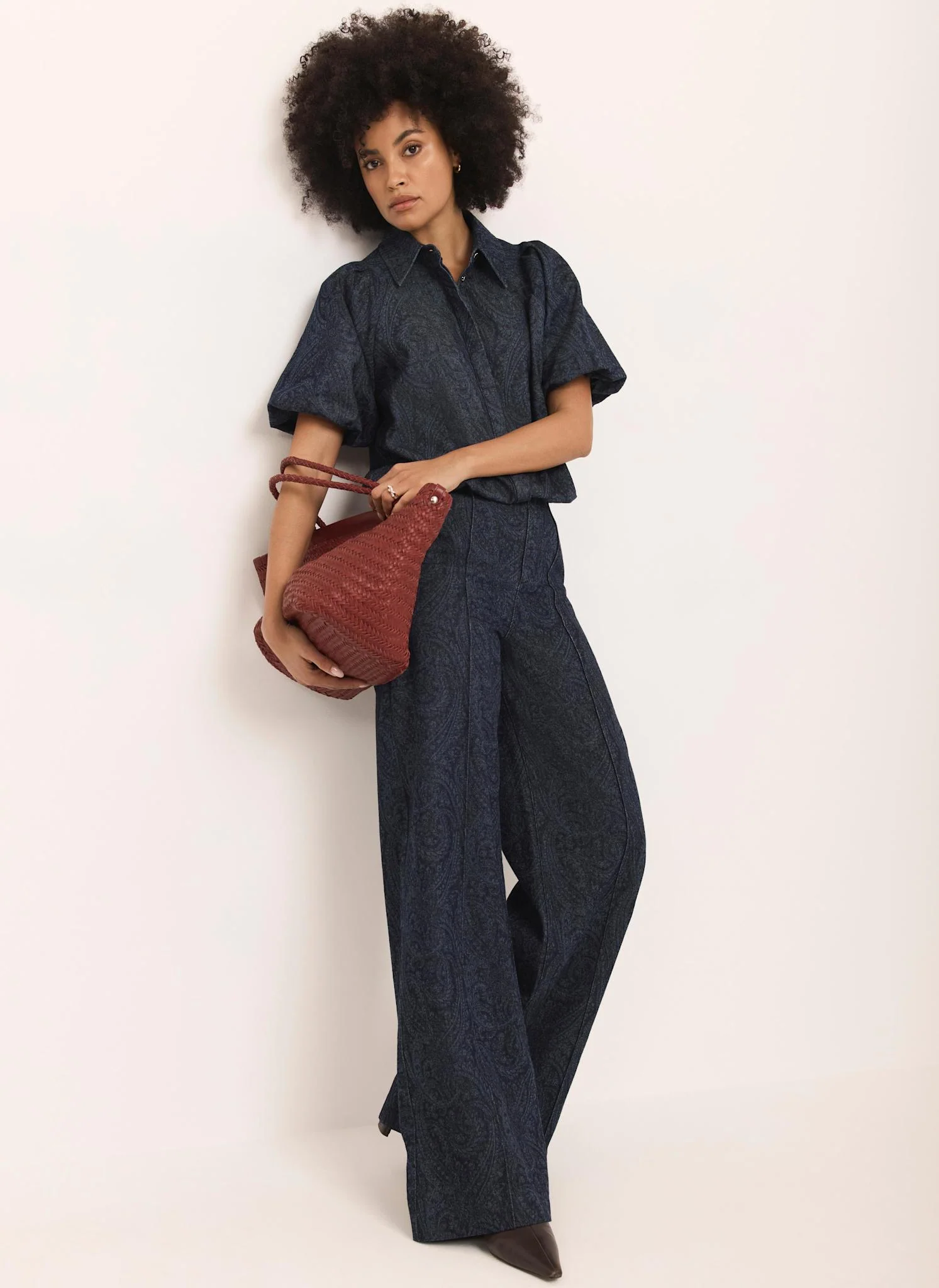 Navy Paisley Denim Wide Jeans