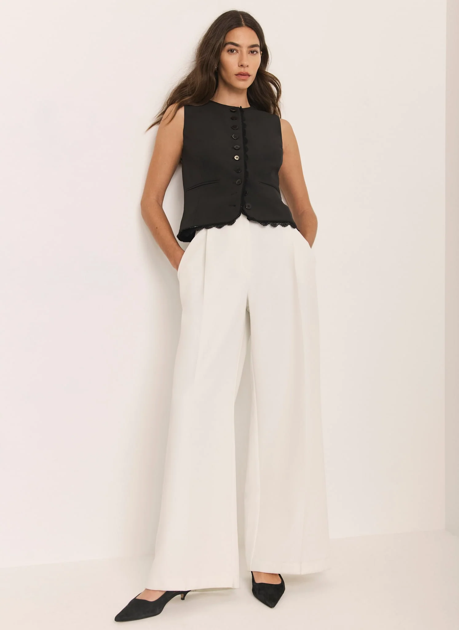 White Pleated Wide Leg Trousers
