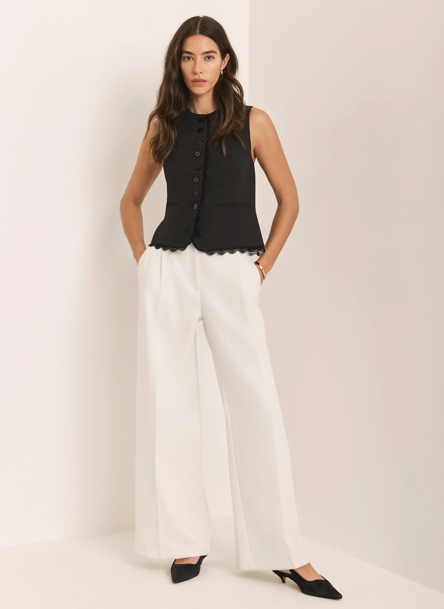 White Pleated Wide Leg Trousers