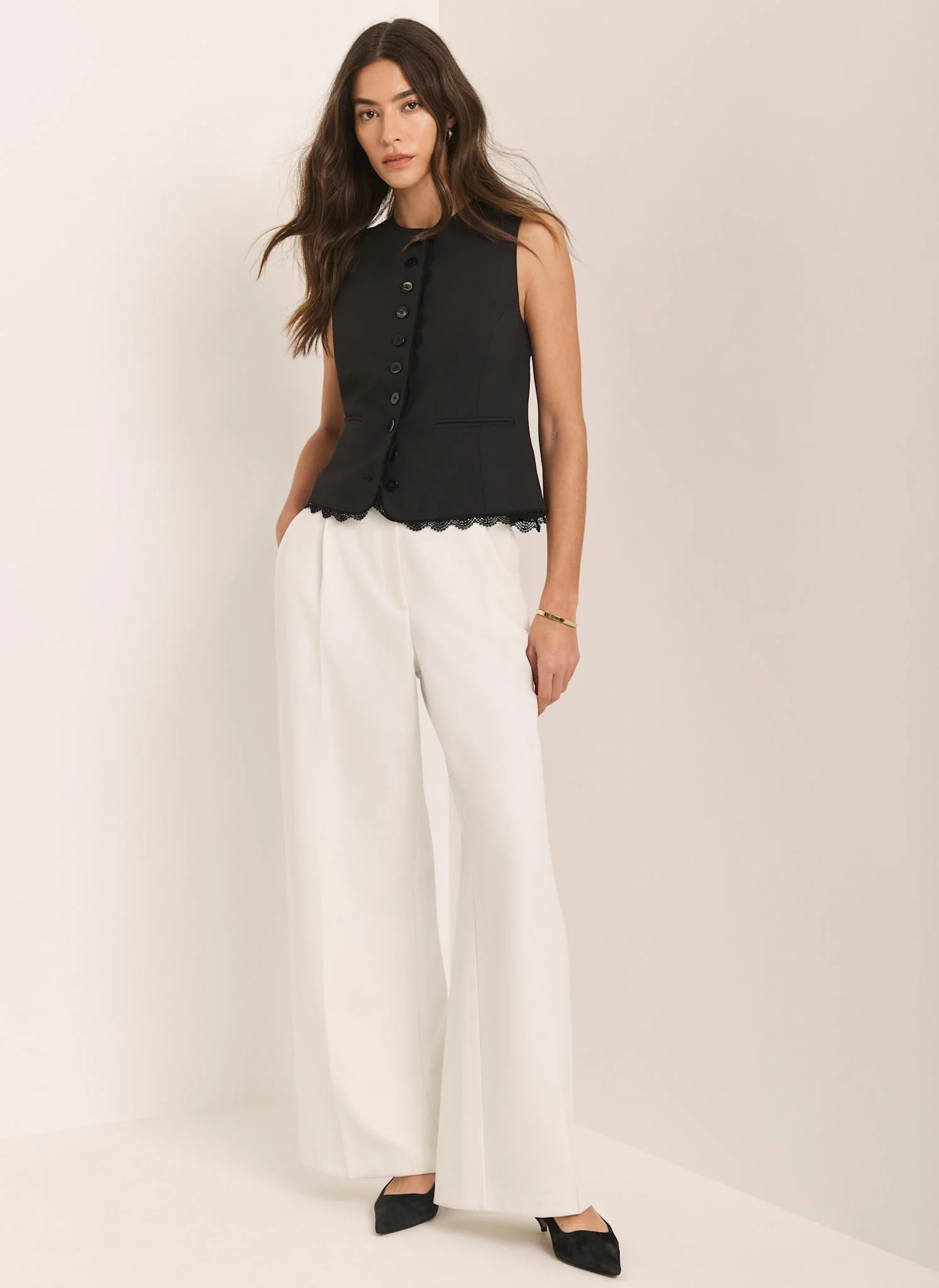 White Pleated Wide Leg Trousers