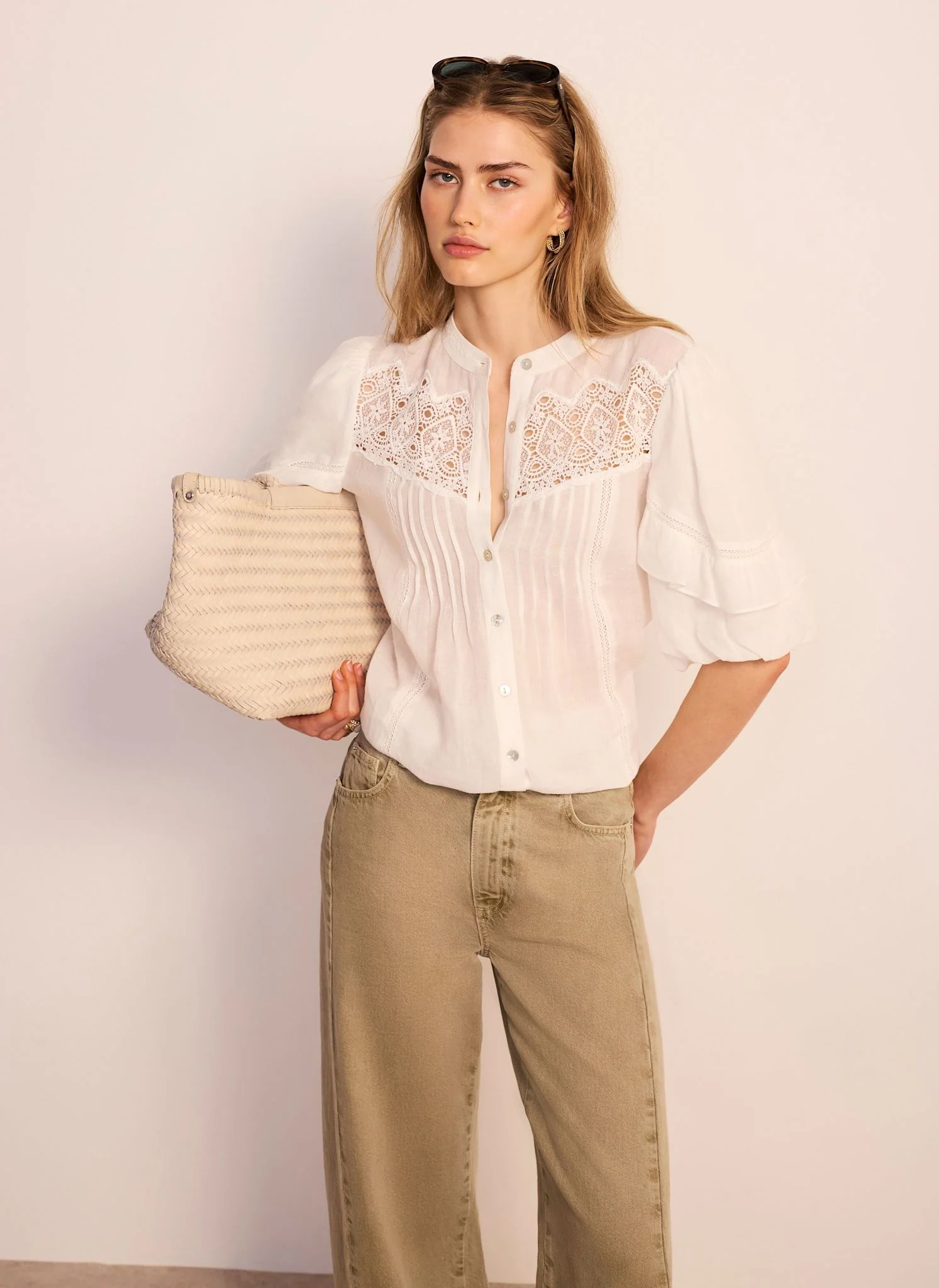 White Ramie Lace Detail Blouse