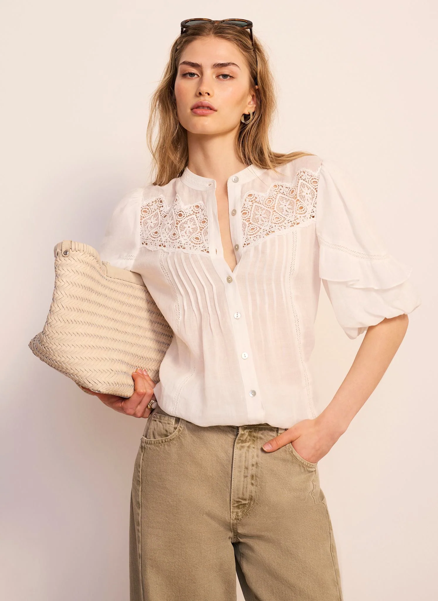 White Ramie Lace Detail Blouse