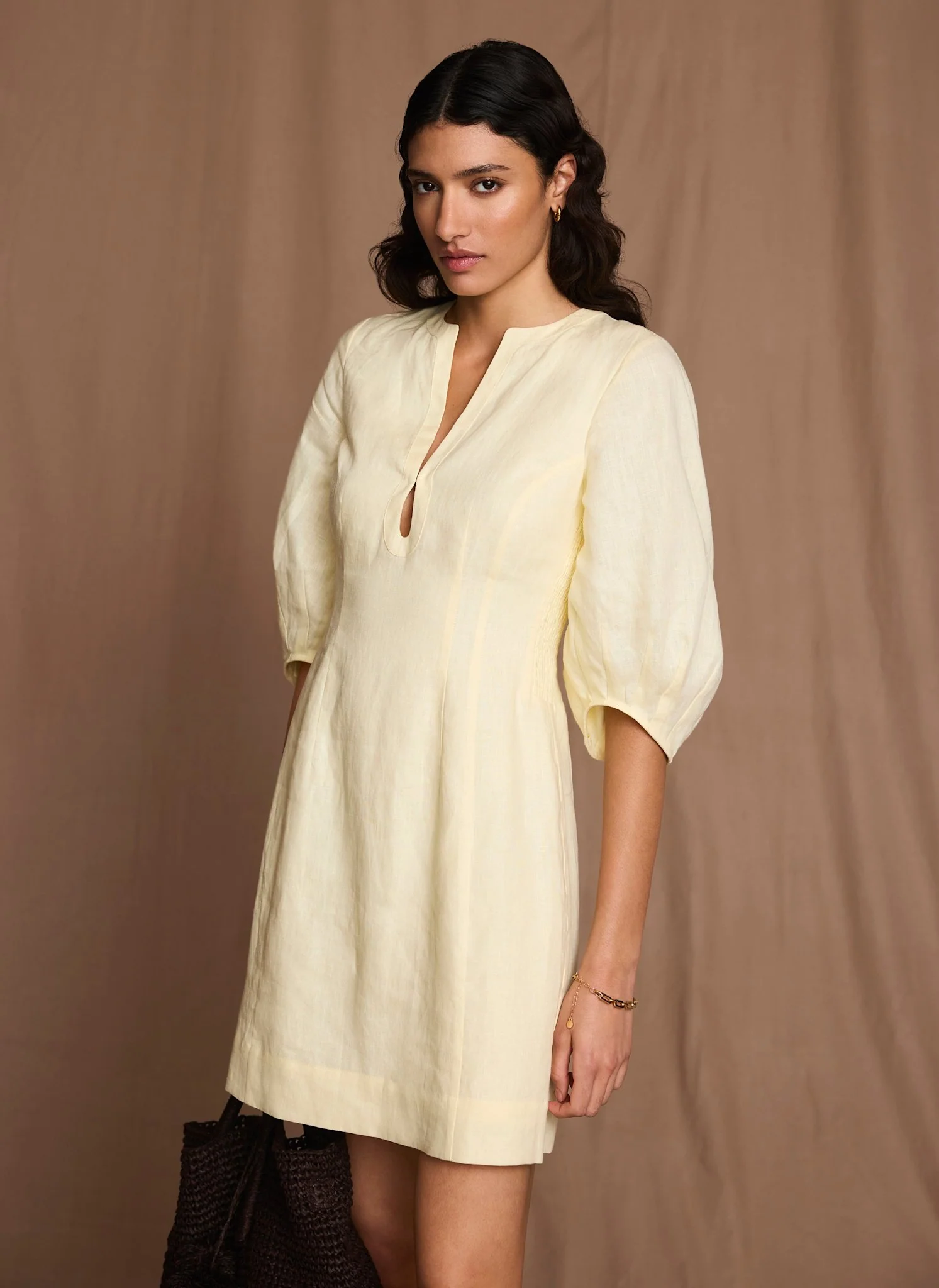 Yellow Linen Puff Sleeve Mini Dress