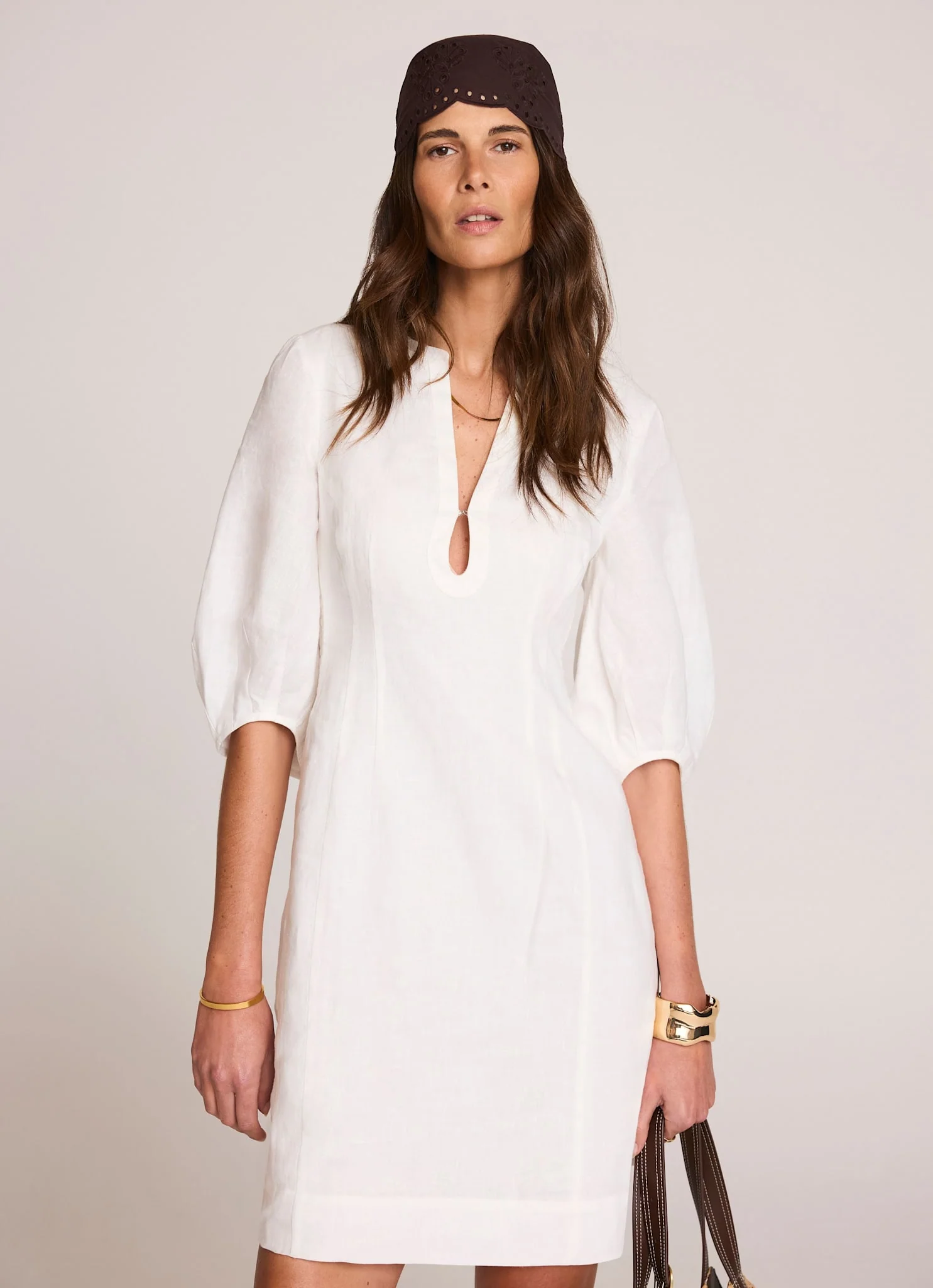 White Linen Puff Sleeve Mini Dress