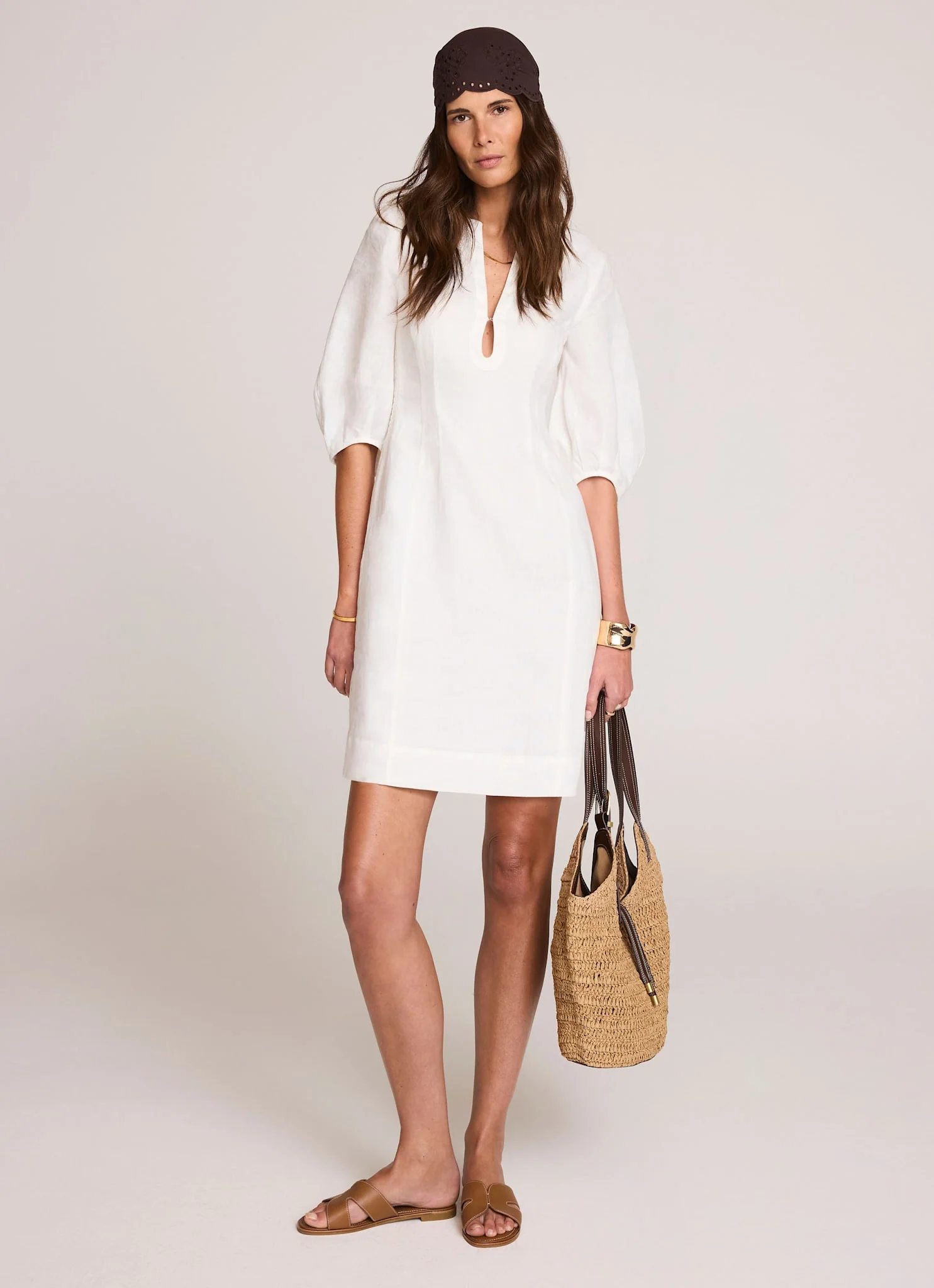 White Linen Puff Sleeve Mini Dress