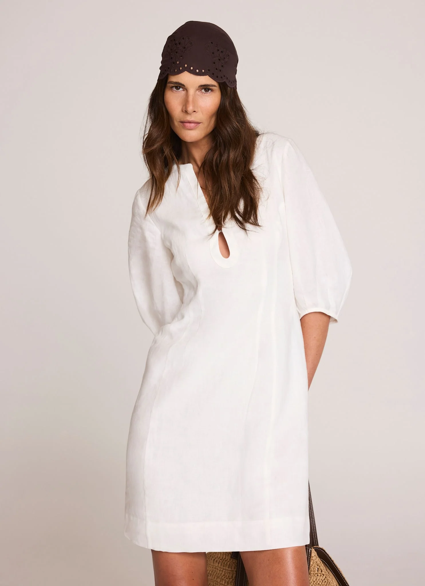 White Linen Puff Sleeve Mini Dress