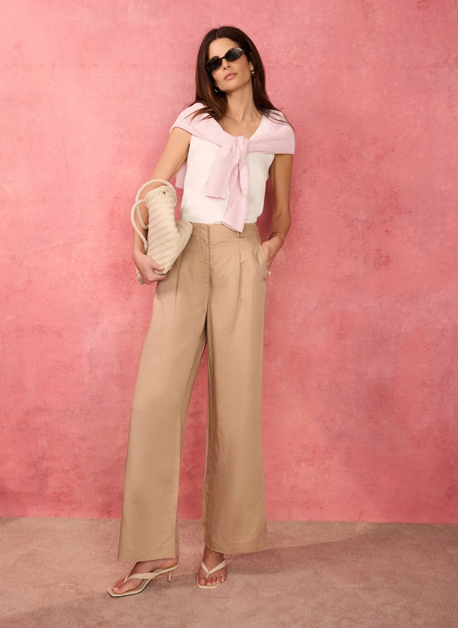 Neutral Linen Blend Wide Leg Trousers