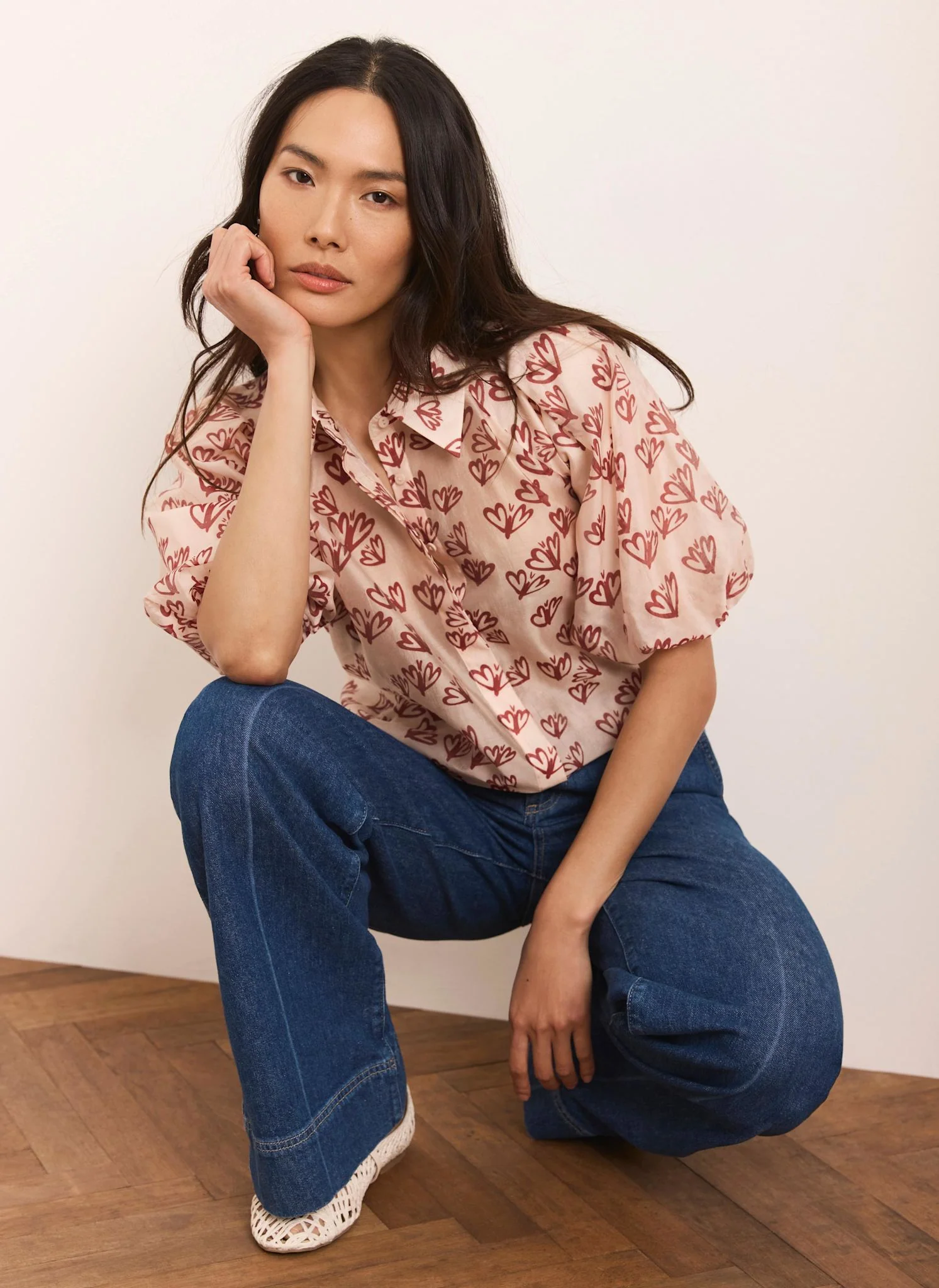 8720-pink-heart-print-puff-sleeve-shirt-3.webp Pink Heart Print Puff Sleeve Shirt