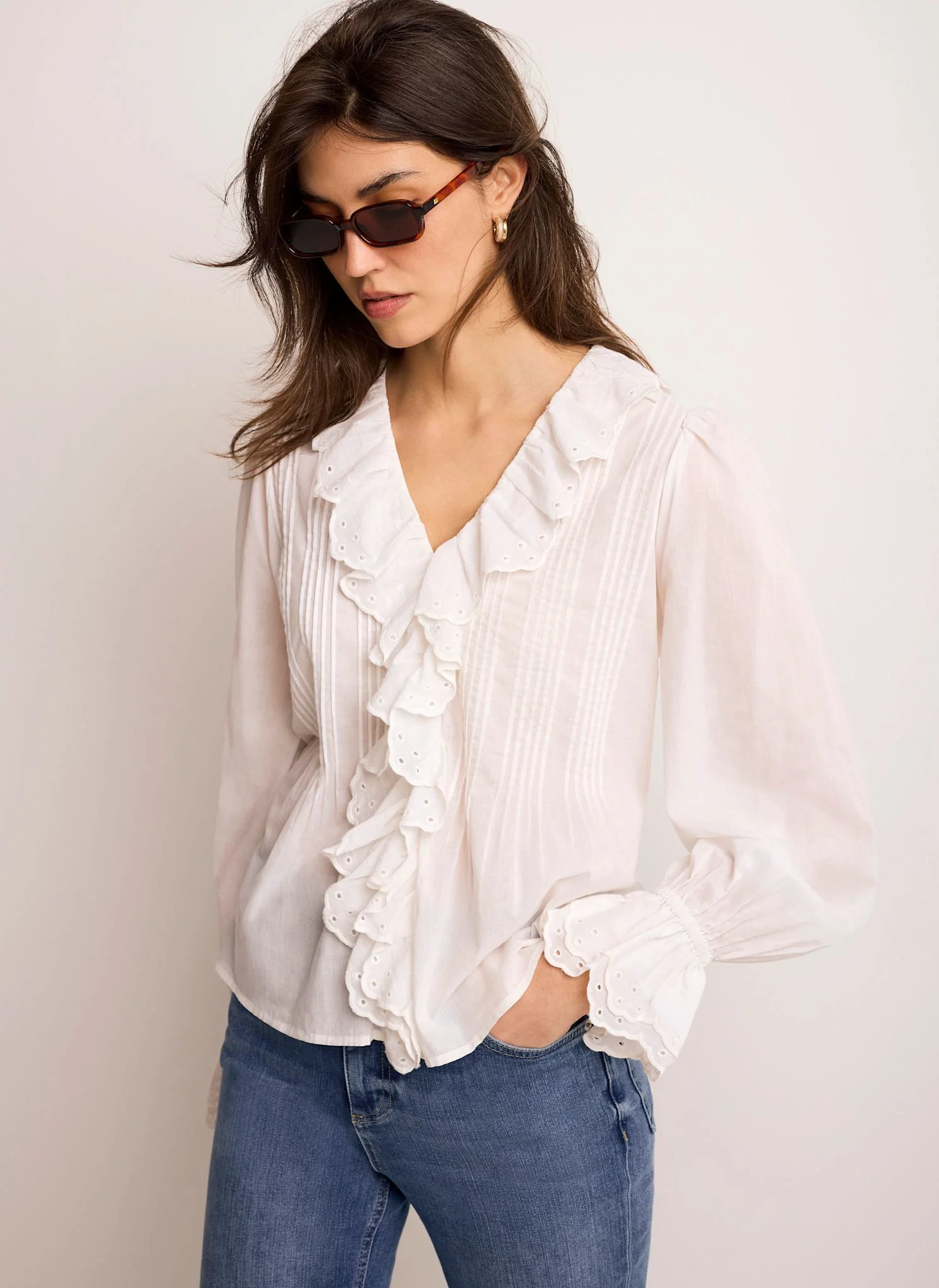 8734-white-cotton-ruffle-trim-blouse-2.webp White Cotton Ruffle Trim Blouse