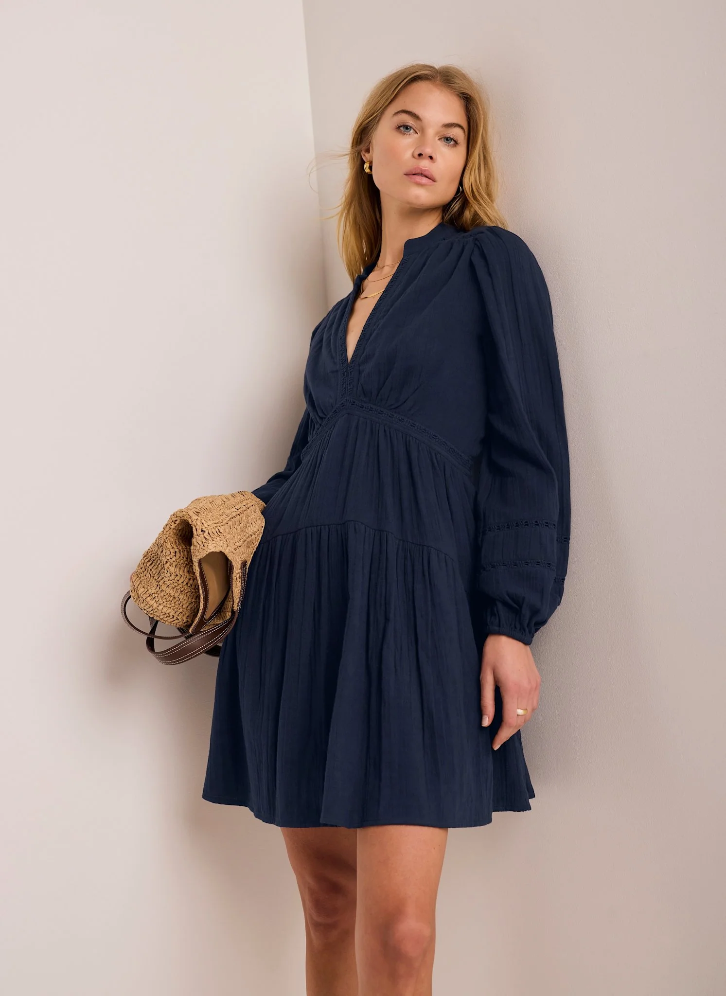 Navy Cotton Cheesecloth Mini Dress