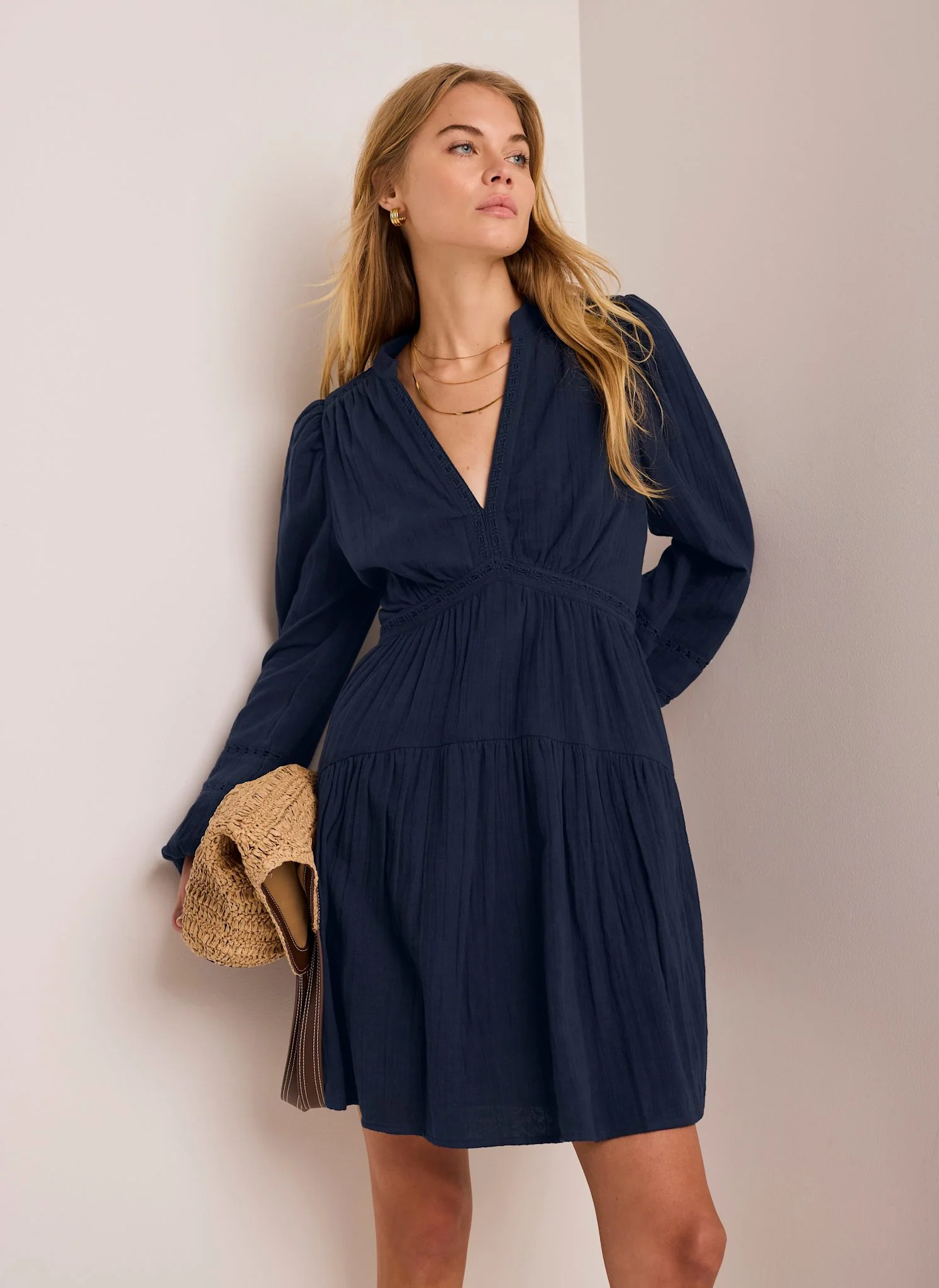 Navy Cotton Cheesecloth Mini Dress
